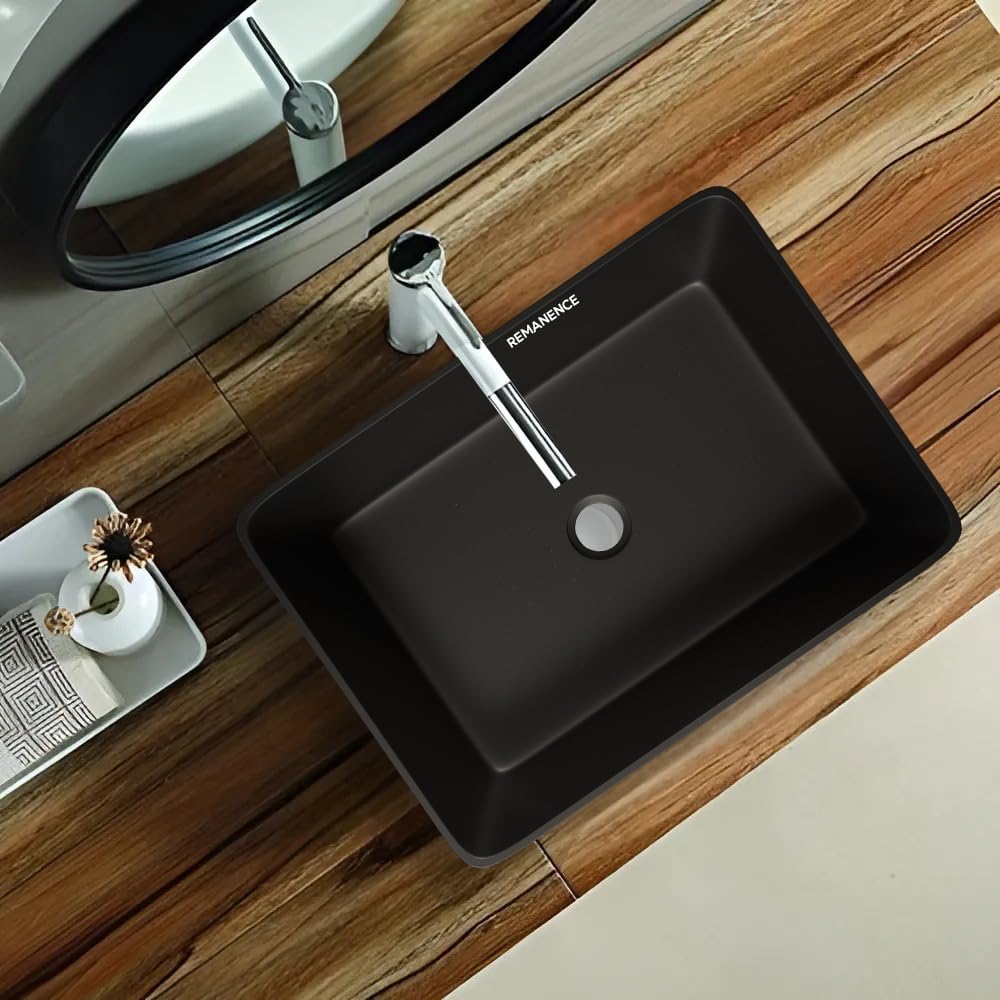 REMANENCE Granite Quartz Countertop Wash Basin (18 X 13 X 5.5 Inch) (Matte Black)