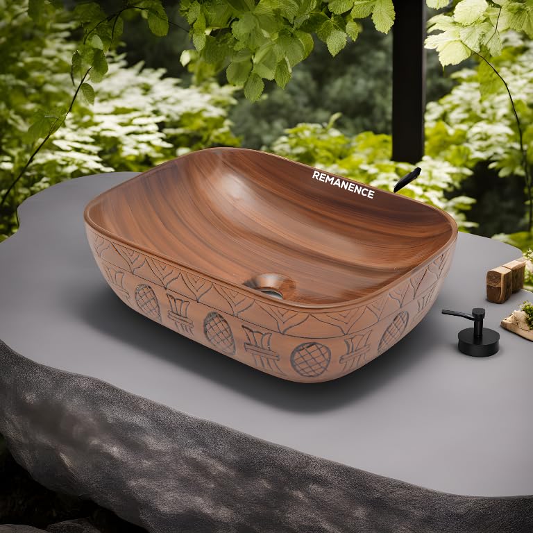 REMANENCE Premium Wooden Style Designer Table Top Wash Basin for Luxury Homes, Premium Restaurants & Cafés, Boutique Hotels & Resorts (18 x 13 x 5.5 Inch) (Wooden Style Basin 02)