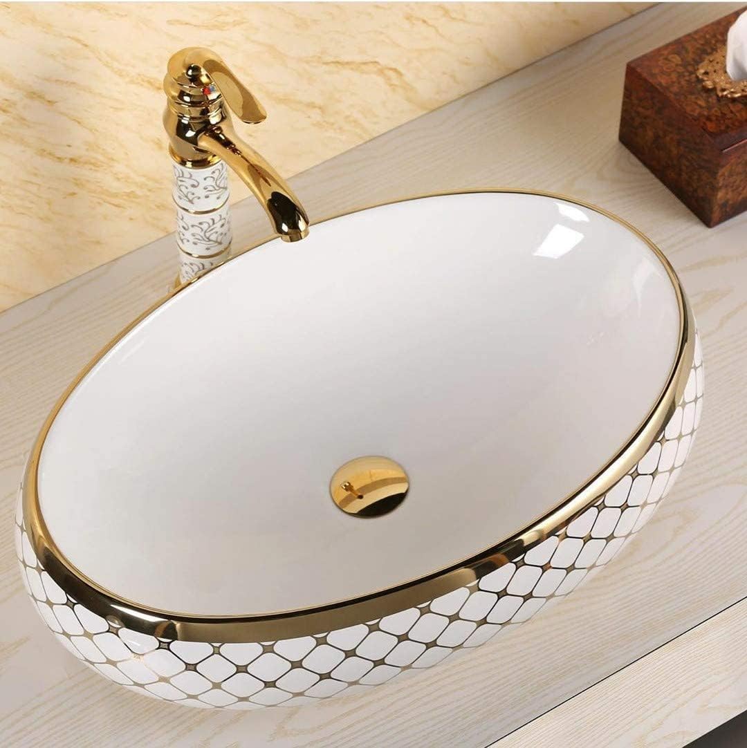 REMANENCE Premium Countertop Wash Basin for Boutique Hotels & Resorts, Showrooms & Offices, Premium Restaurants & Cafés, Luxury Bathrooms (24 X 14 X 5 Inch) (Glossy White Golden Basin-Cross Design)