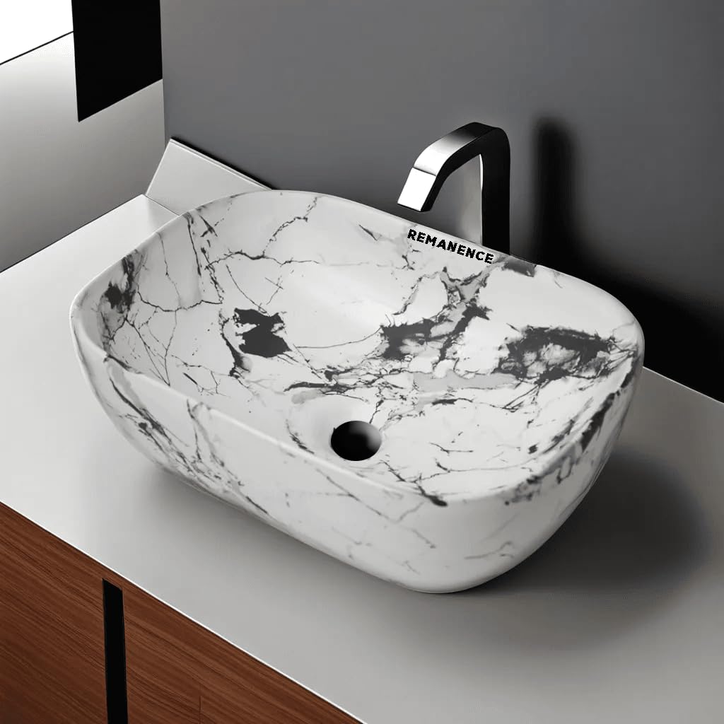 REMANENCE Premium Designer Table Top Wash Basin For Designer Bathrooms, Luxury Homes, Boutique Hotels (18 x 13 x 5.5 Inch) (AD 73 Designer White Black)