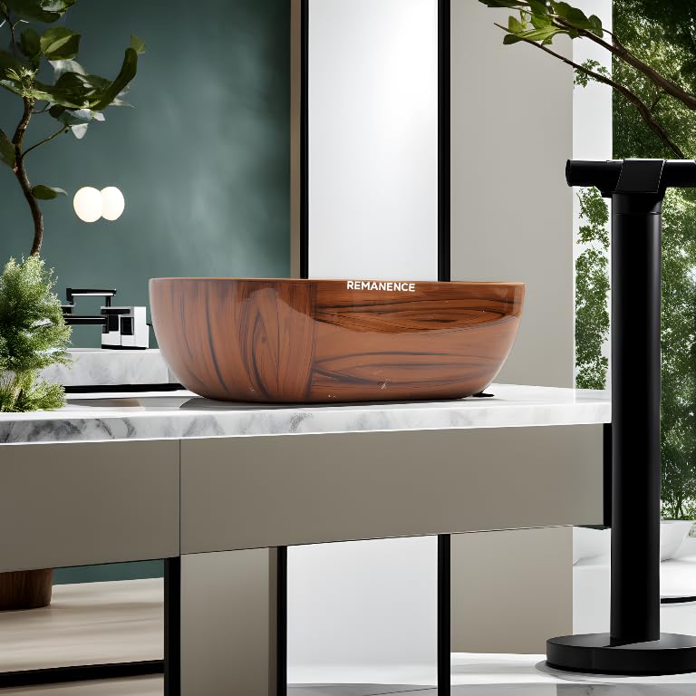 REMANENCE Premium Wooden Style Designer Table Top Wash Basin for Luxury Homes, Premium Restaurants & Cafés, Boutique Hotels & Resorts (18 x 13 x 5.5 Inch) (Wooden Style Basin 04)