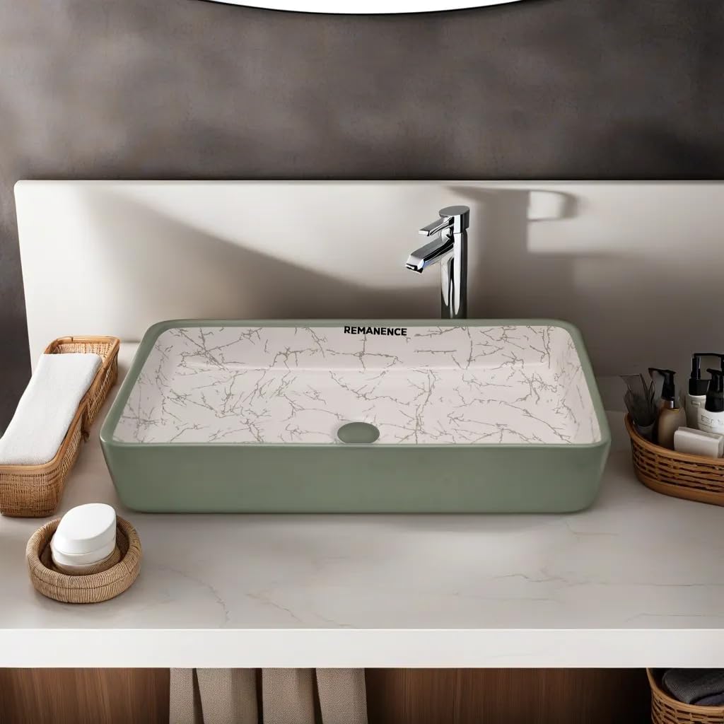 REMANENCE Designer Ceramic Table Top Wash Basin For Bathroom (24 x 14 x 5 Inch) (LightGreen N White SL 64)