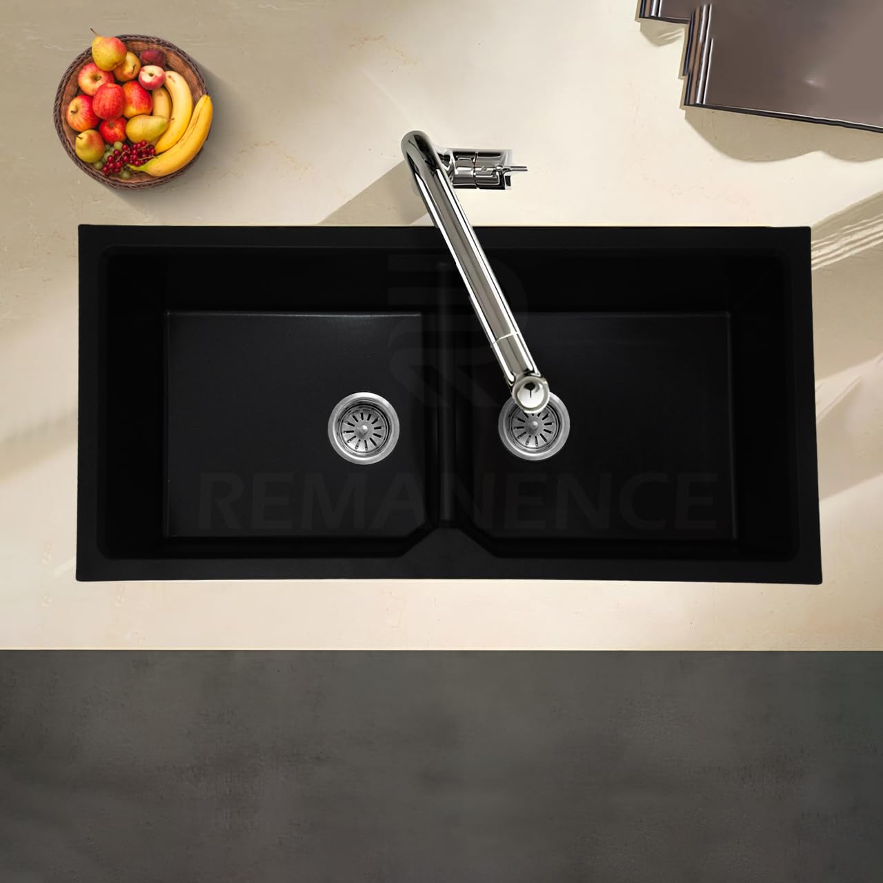 REMANENCE Granite Quartz Double Bowl Kitchen Sink With Drain Board (45 x 20 x 9 Inch) (Black)