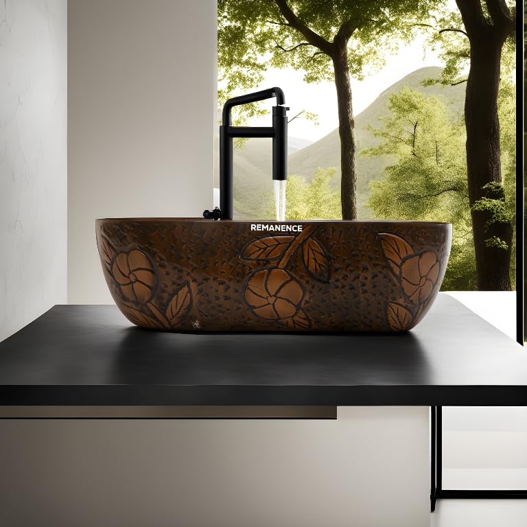 REMANENCE Premium Wooden Style Designer Table Top Wash Basin for Luxury Homes, Premium Restaurants & Cafés, Boutique Hotels & Resorts (18 x 13 x 5.5 Inch) (Wooden Style Basin 07)