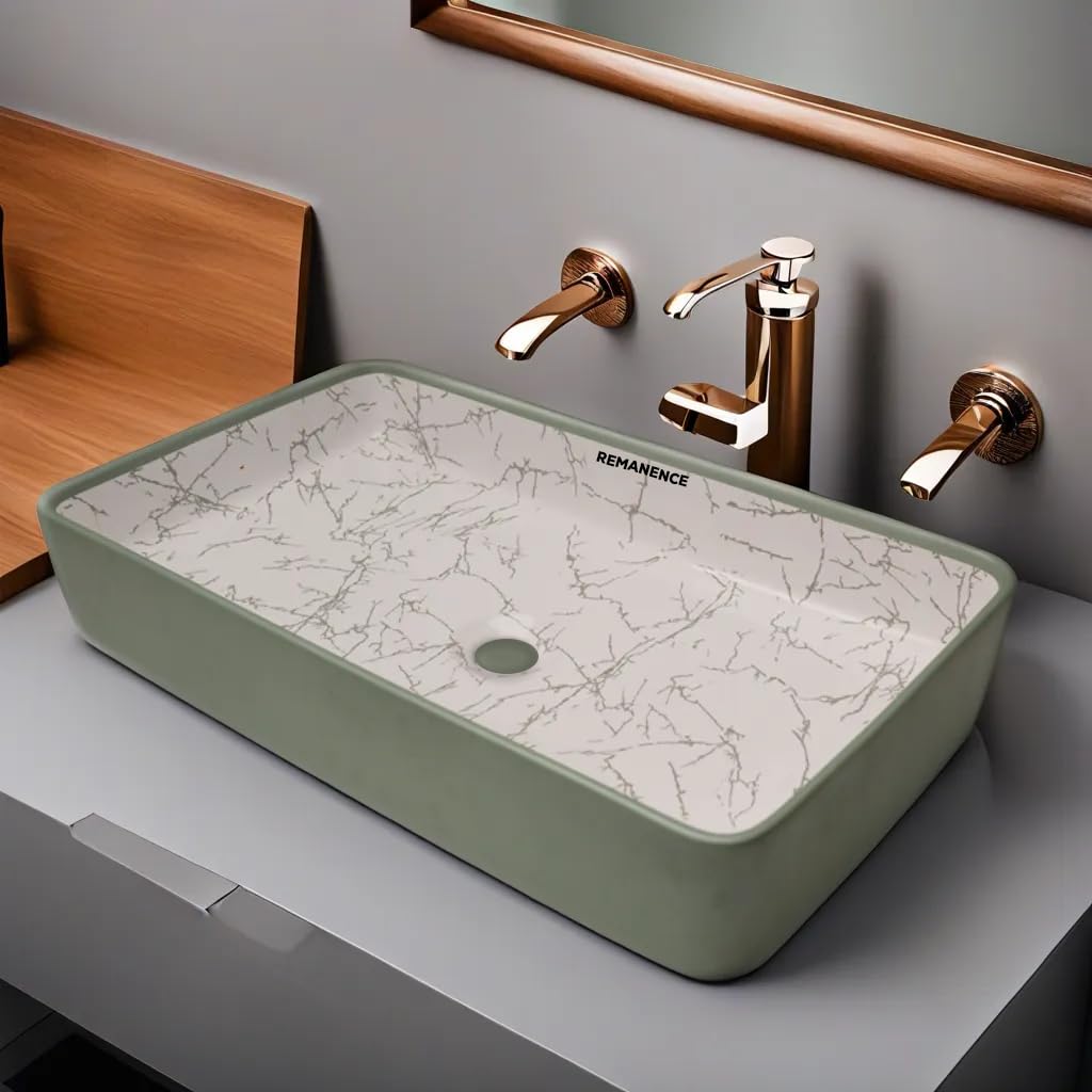 REMANENCE Designer Ceramic Table Top Wash Basin For Bathroom (24 x 14 x 5 Inch) (LightGreen N White SL 64)