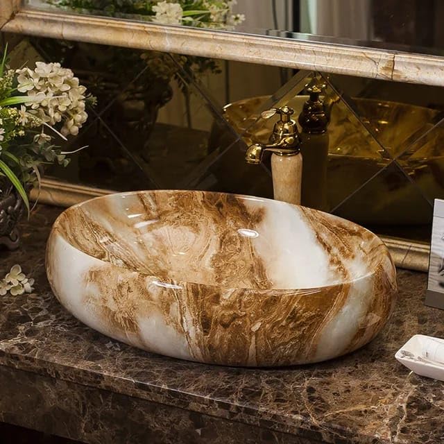 REMANENCE Ceramic Countertop Wash Basin for Designer Bathroom, Boutique Hotels, Luxury Homes (24 x 15 x 6 Inch) (Marble White N Brown)