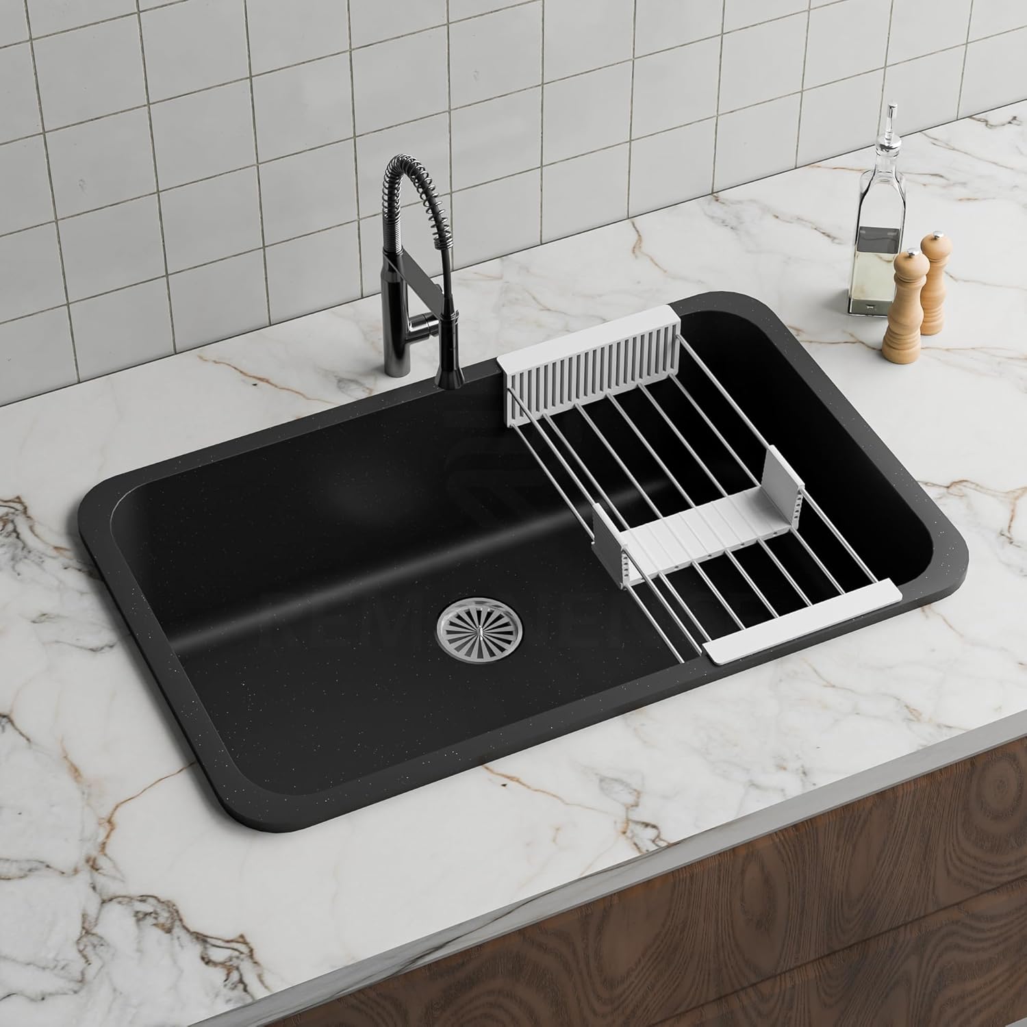 REMANENCE Granite Quartz Single Bowl Matte Finish Kitchen Sink With Drainer Basket (31 x 19 x 9 Inch) (Black)