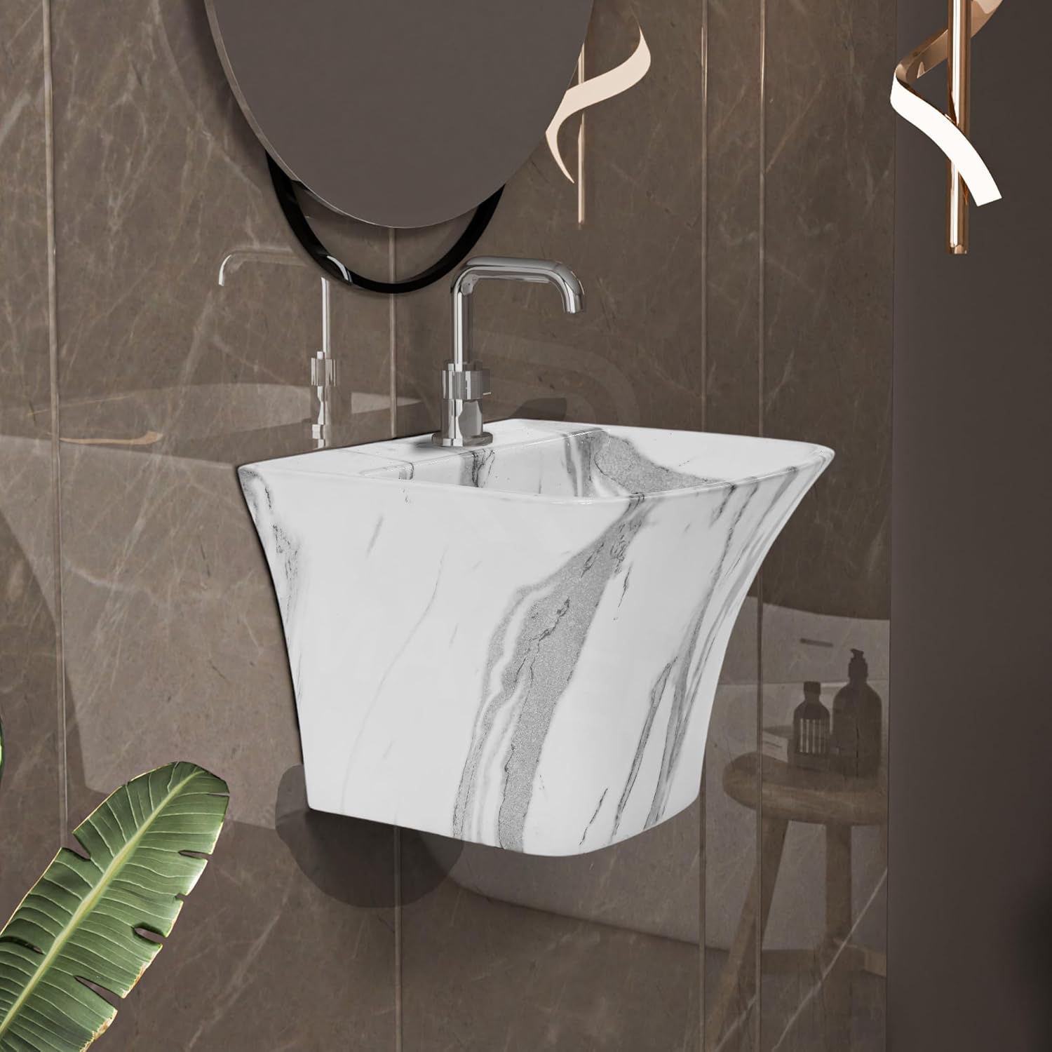 REMANENCE-RION Designer Wall Mount Half Pedestal Wash Basin for Bathroom, Restaurant, Hotels (Designer Grey)