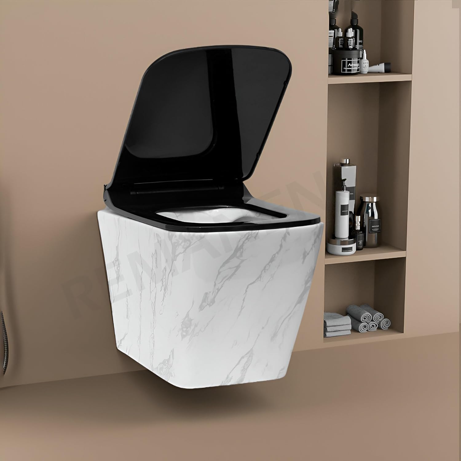 REMANENCE Ceramic Moroccan Design Wall Mount Commode with Soft Close Seat Cover (51 x 35 x 48 Centimeters)-IWH03