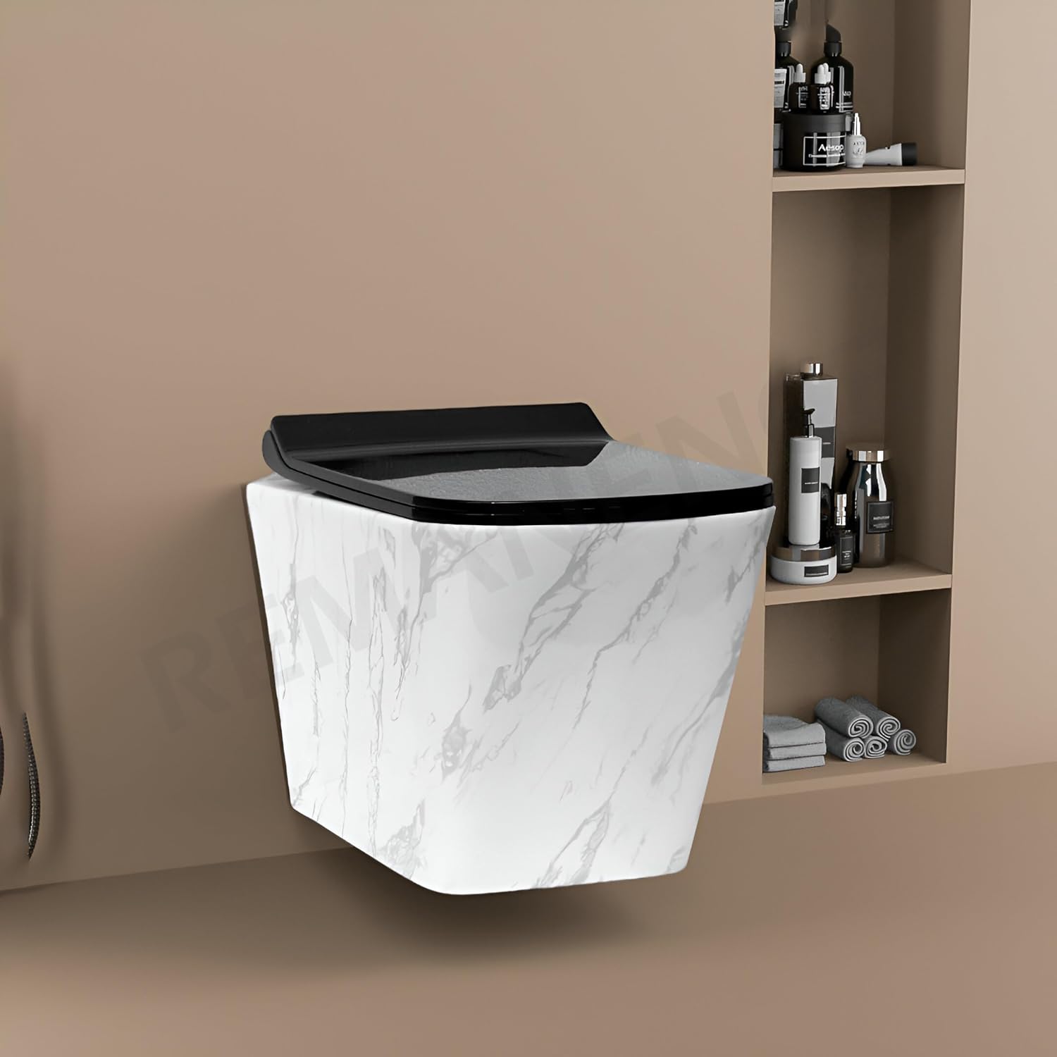 REMANENCE Ceramic Moroccan Design Wall Mount Commode with Soft Close Seat Cover (51 x 35 x 48 Centimeters)-IWH03