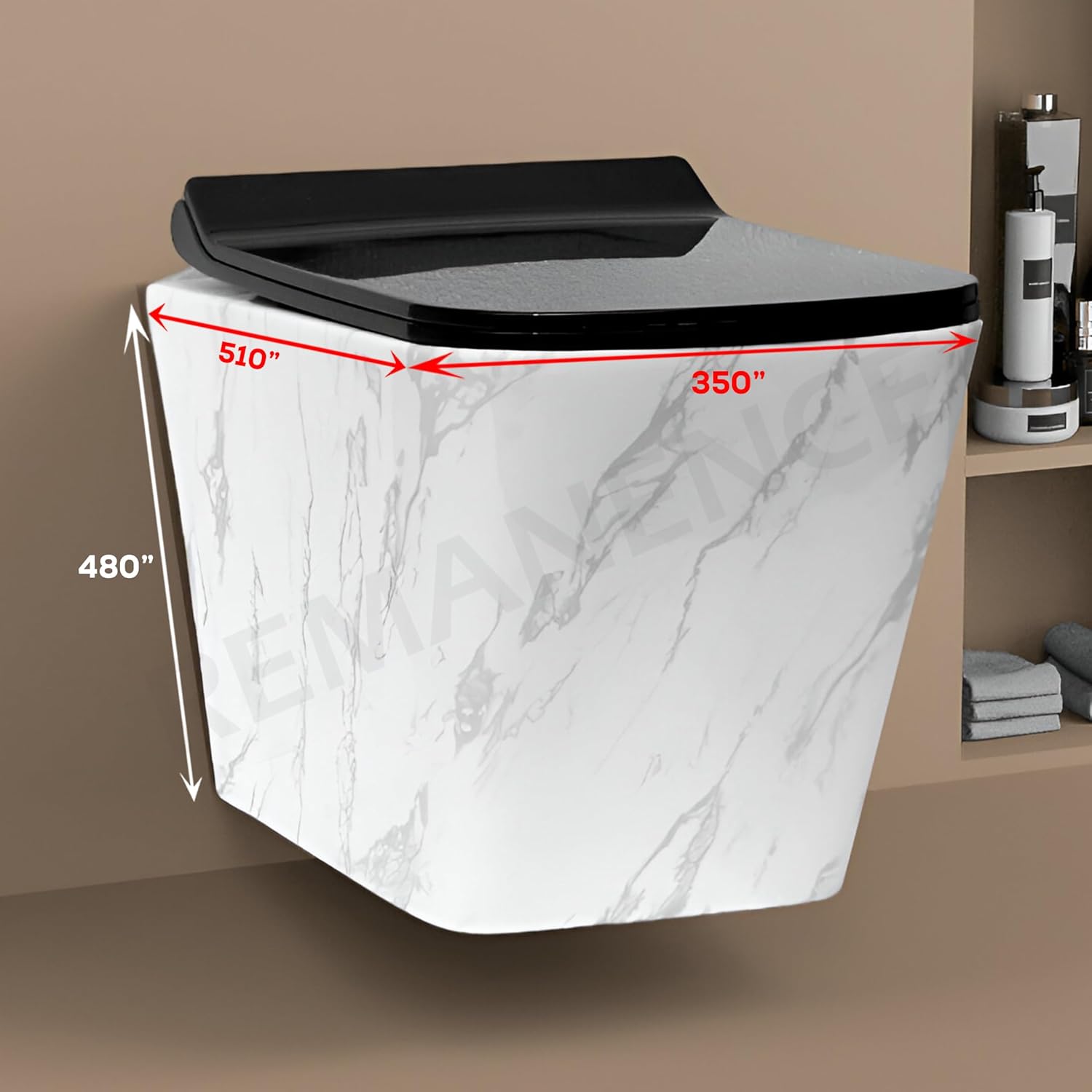 REMANENCE Ceramic Moroccan Design Wall Mount Commode with Soft Close Seat Cover (51 x 35 x 48 Centimeters)-IWH03