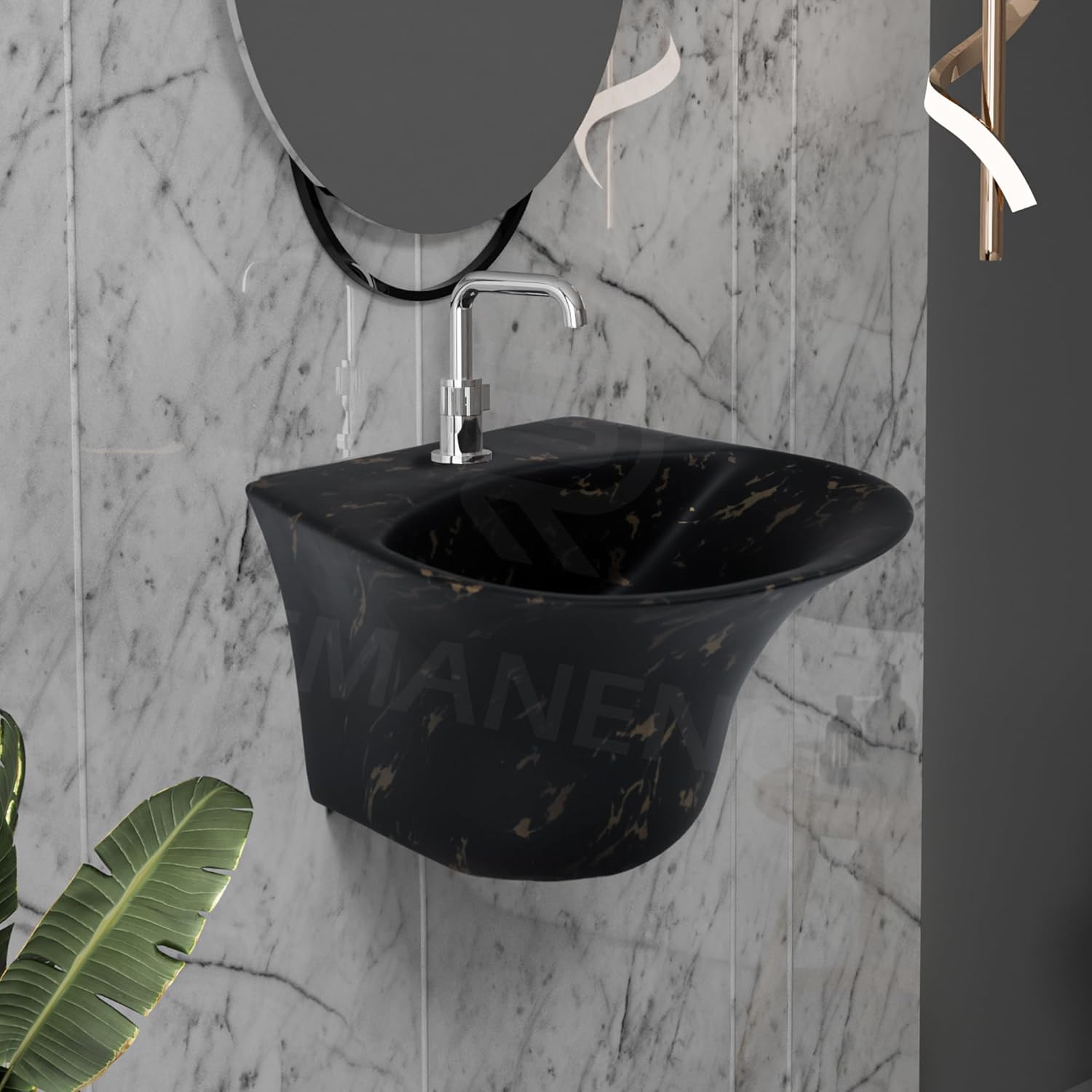 REMANENCE-RICH Luxury Wall Mount Half Pedestal Wash Basin for Bathroom (Black Gold Spot)