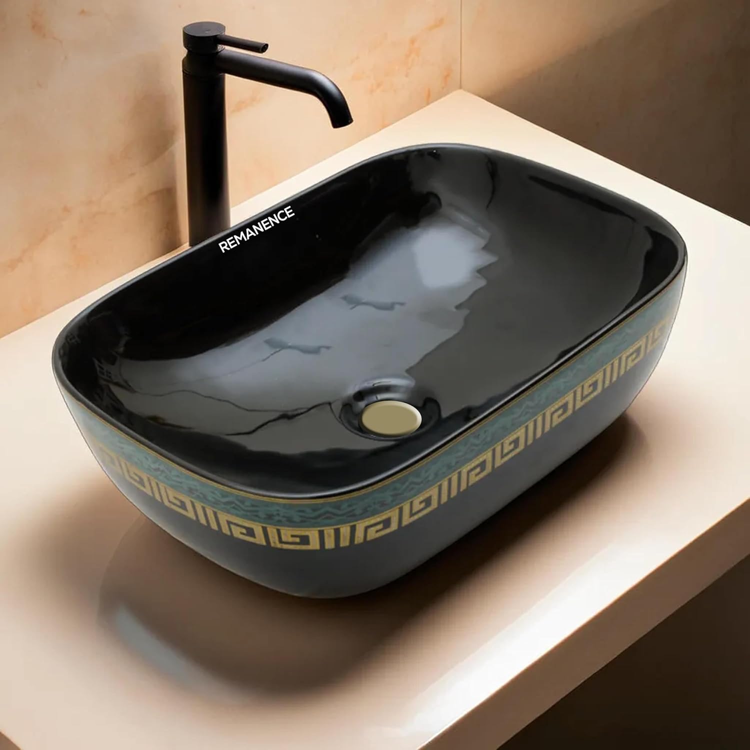 REMANENCE Premium Tabletop Wash Basin for Luxury Bathroom, Gourmet Restaurants, Designer Showrooms (18 x 13 x 5.5 Inch) (Black Gold Tip)