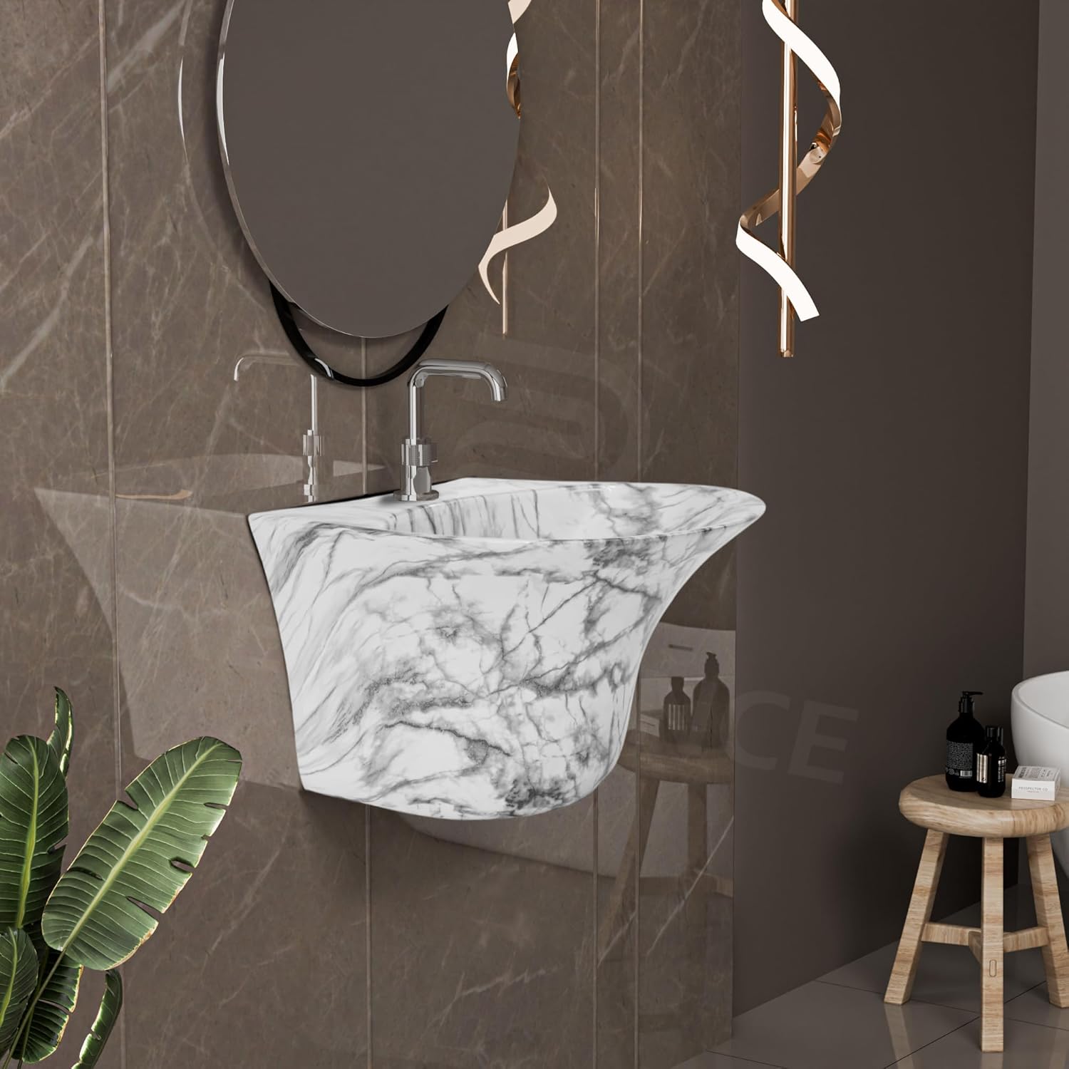 REMANENCE-RICH Luxury Wall Mount Half Pedestal Wash Basin for Bathroom (White Black Stripe)