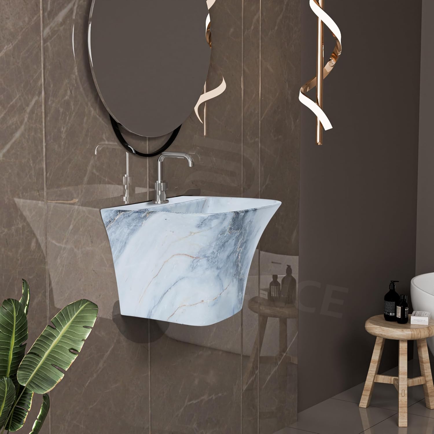 REMANENCE-RION Designer Wall Mount Half Pedestal Wash Basin for Bathroom, Restaurant, Hotels (Designer Blue)