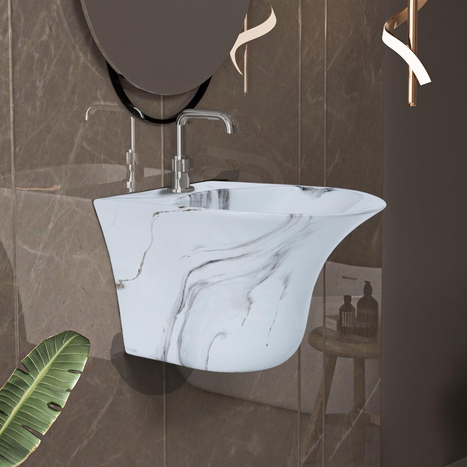 REMANENCE-RICH Luxury Wall Mount Half Pedestal Wash Basin for Bathroom (Marble Grey)