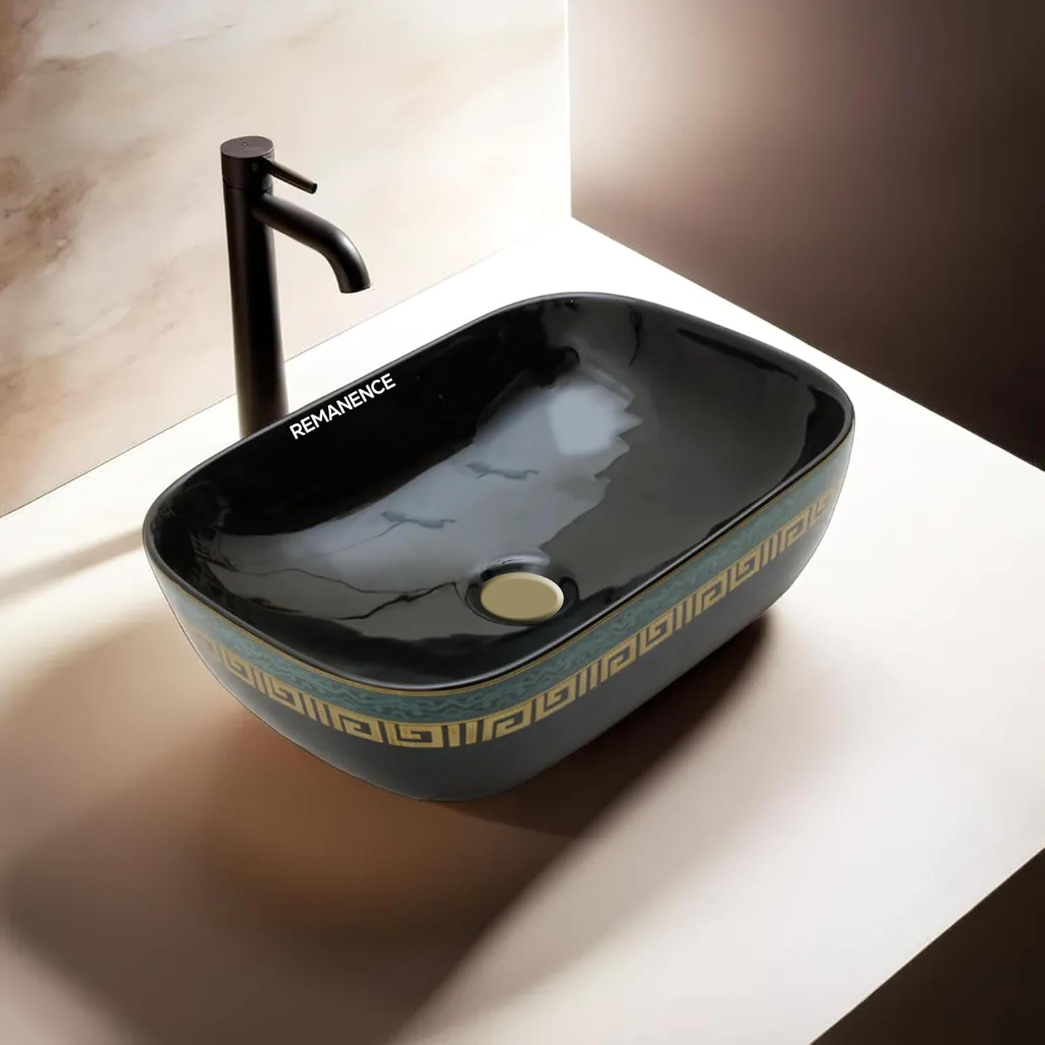 REMANENCE Premium Tabletop Wash Basin for Luxury Bathroom, Gourmet Restaurants, Designer Showrooms (18 x 13 x 5.5 Inch) (Black Gold Tip)