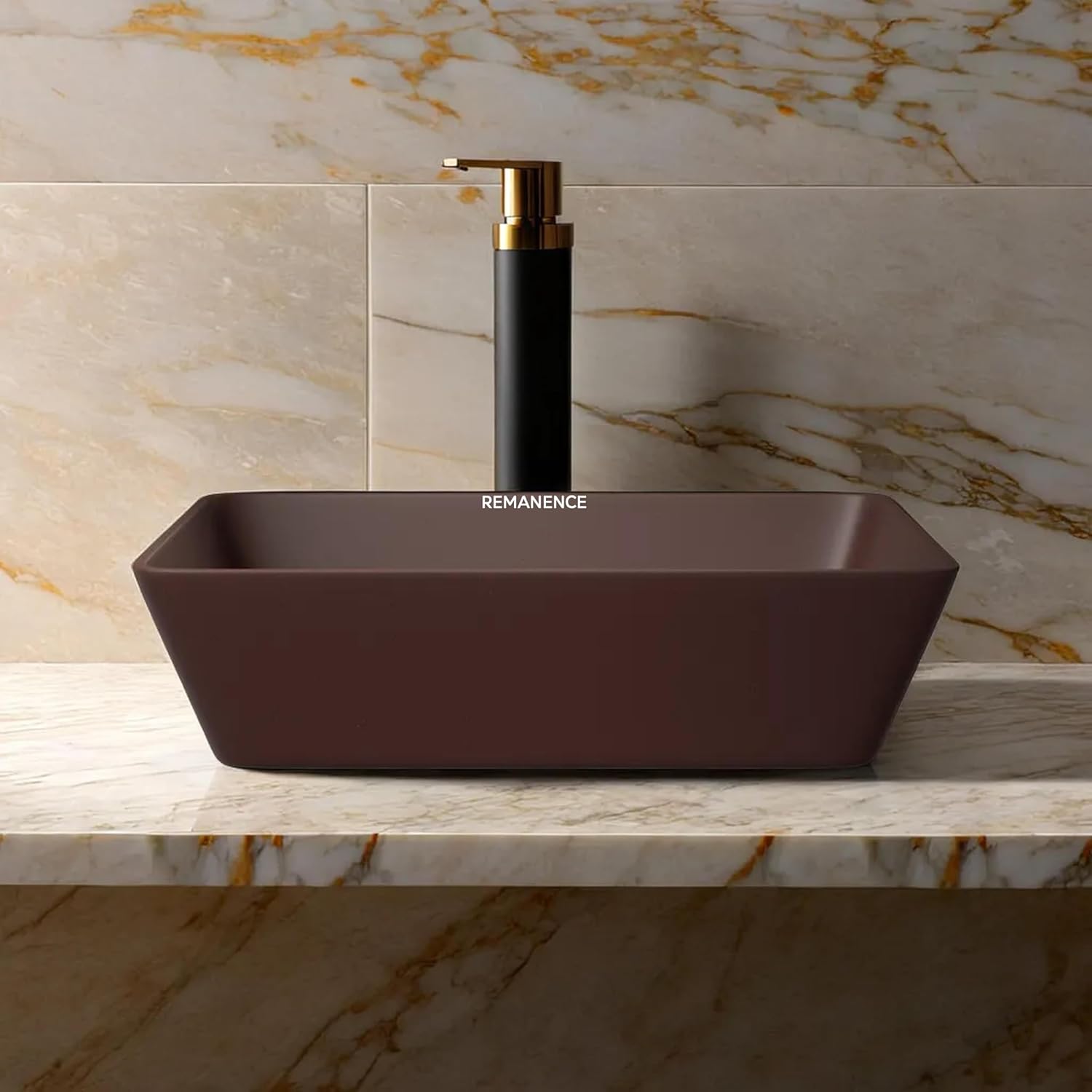REMANENCE Granite Quartz Countertop Wash Basin (18 X 13 X 5.5 Inch) (Matte Brown)