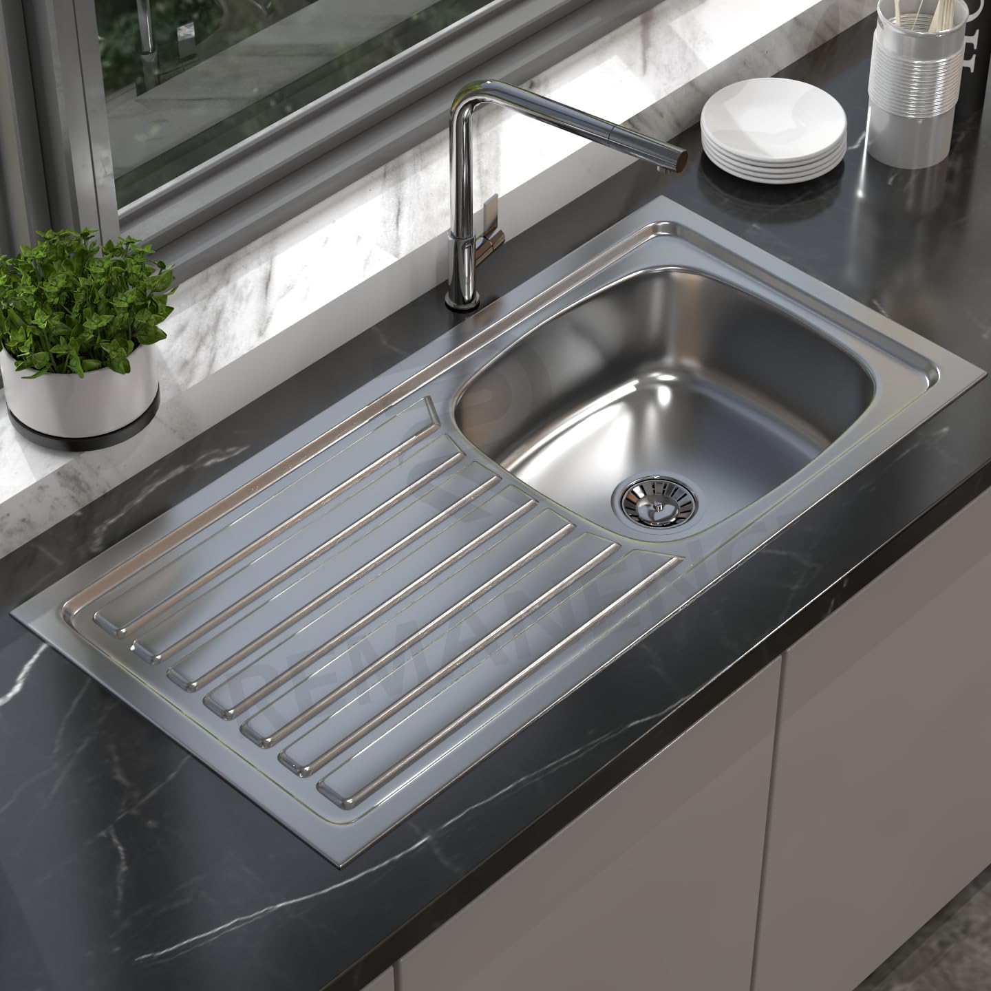 REMANENCE 304 Grade Stainless Steel Single Bowl Kitchen Sink with Integrated Drain Board (37 x 18 x 8 Inch) (Glossy)