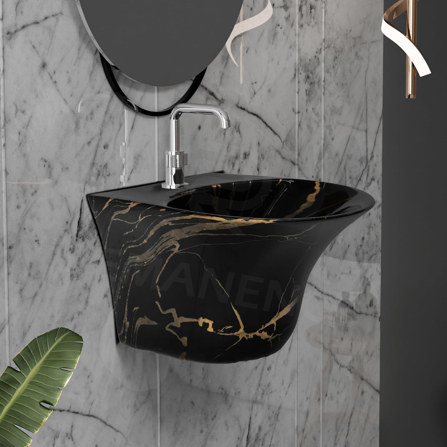 REMANENCE-RICH Luxury Wall Mount Half Pedestal Wash Basin for Bathroom (Black Gold Jelly)