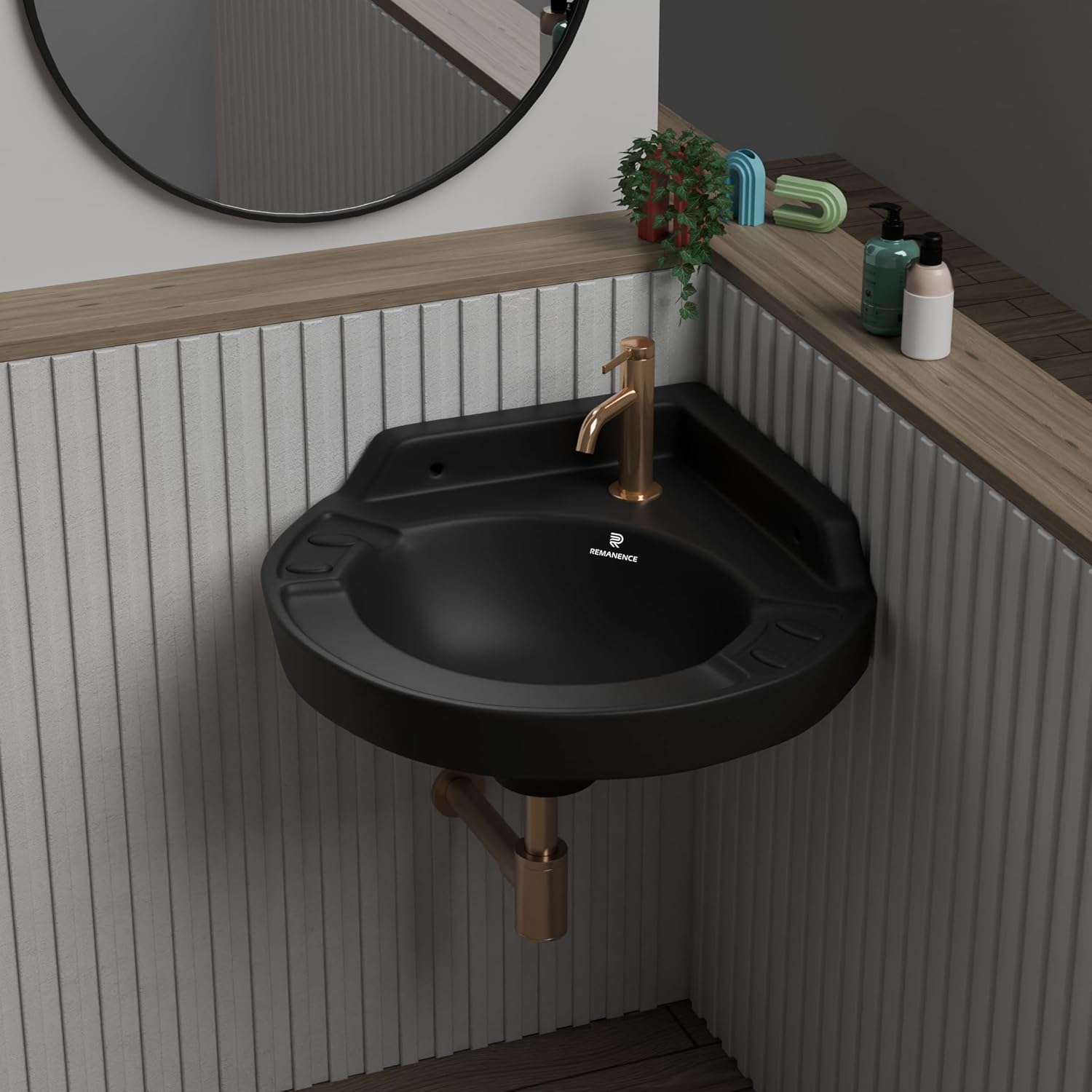 REMANENCE Ceramic Wall Mounted Corner Wash Basin For Compact Bathroom, Restaurant and Cafés, Powder Rooms (17 x 15 x 7.5 Inch) (Black)