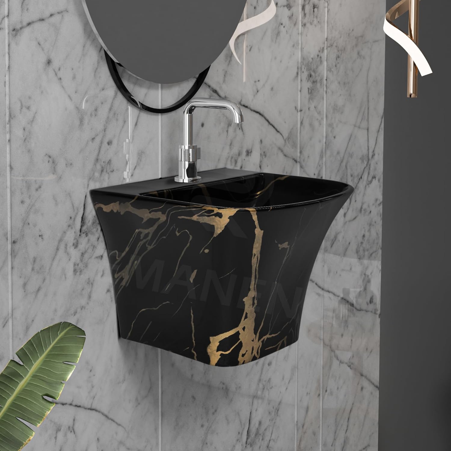 REMANENCE-RION Designer Wall Mount Half Pedestal Wash Basin for Bathroom, Restaurant, Hotels (Black Gold Jelly)