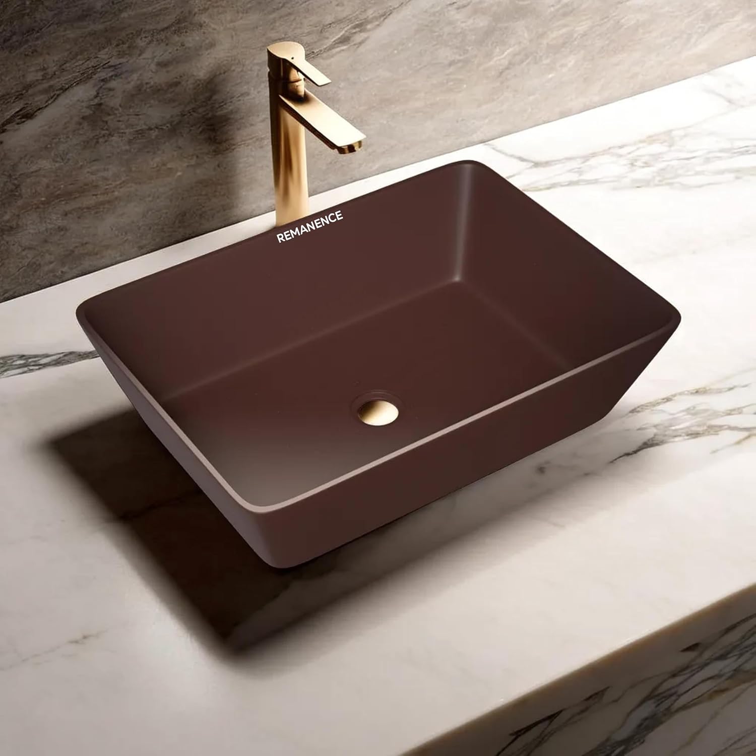 REMANENCE Granite Quartz Countertop Wash Basin (18 X 13 X 5.5 Inch) (Matte Brown)