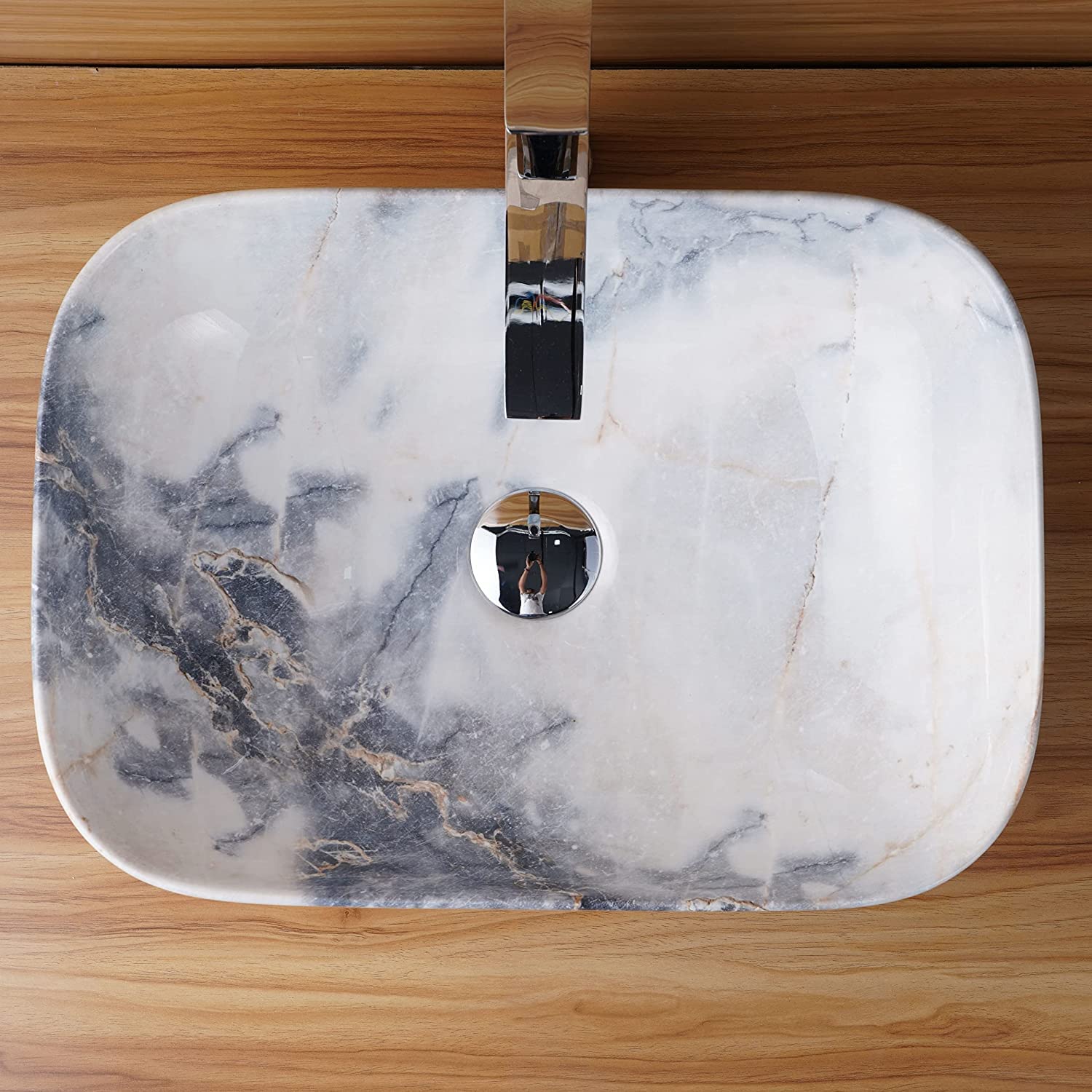 REMANENCE Designer Countertop Wash Basin for Office Washroom, Hotel & Resort, Home Living Room (18 x 13 x 5.5 Inch) (White Grey Blues) (Glossy Finish)