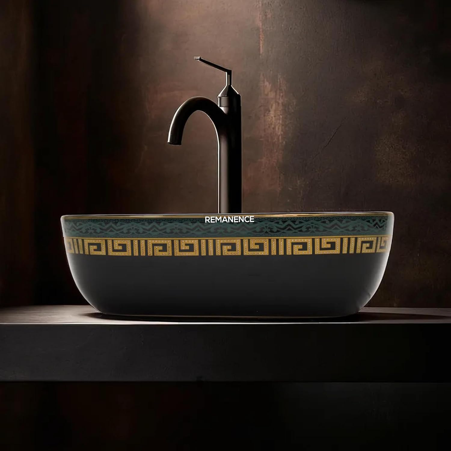 REMANENCE Premium Tabletop Wash Basin for Luxury Bathroom, Gourmet Restaurants, Designer Showrooms (18 x 13 x 5.5 Inch) (Black Gold Tip)