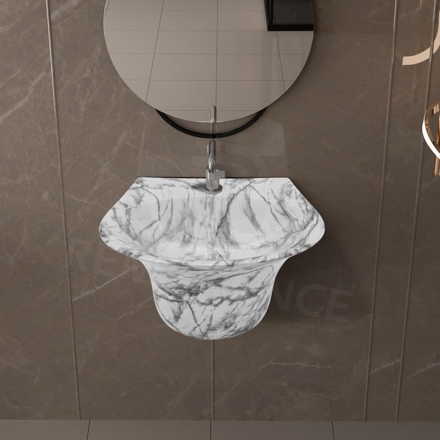 REMANENCE-RICH Luxury Wall Mount Half Pedestal Wash Basin for Bathroom (White Black Stripe)