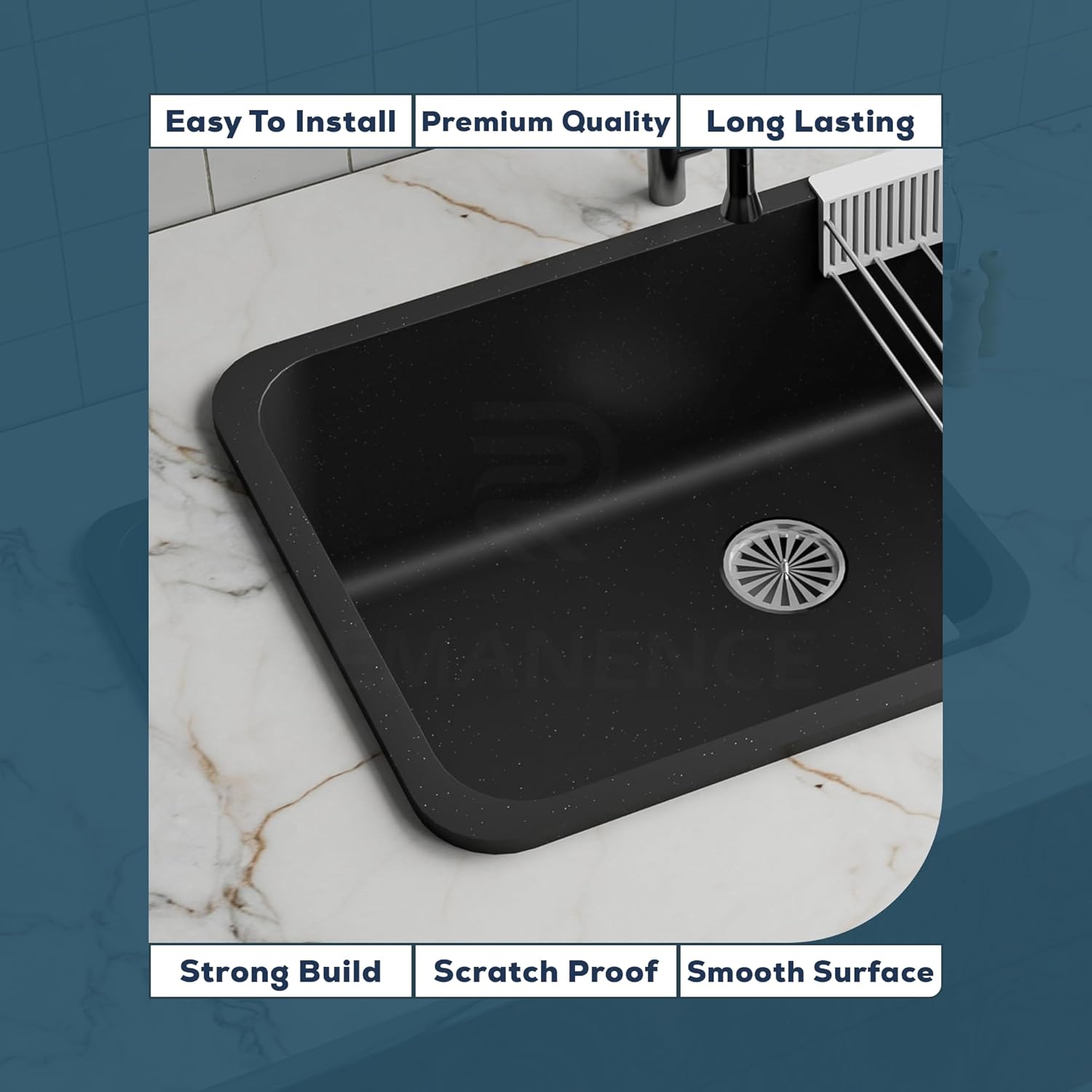 REMANENCE Granite Quartz Single Bowl Matte Finish Kitchen Sink With Drainer Basket (31 x 19 x 9 Inch) (Black)