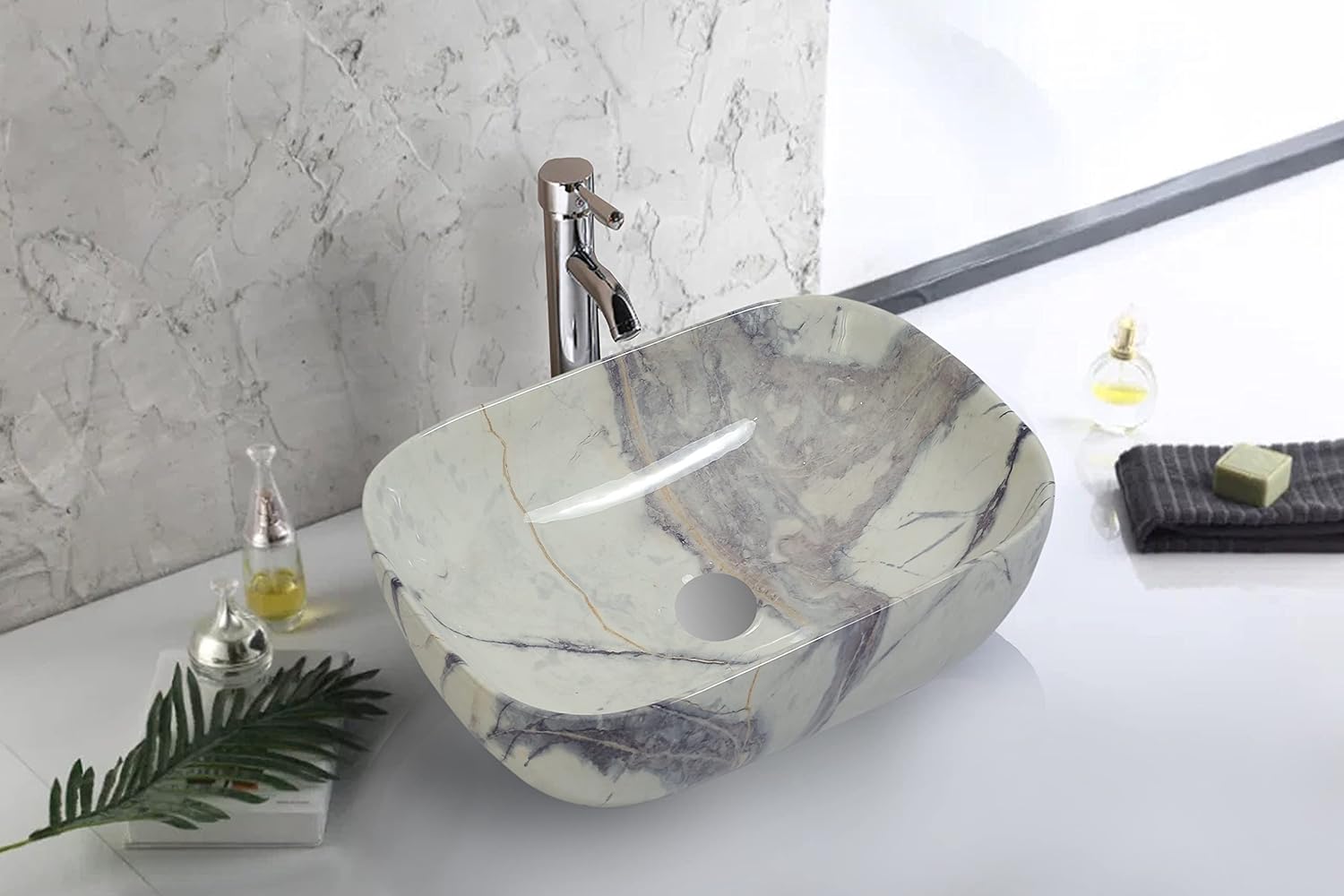 REMANENCE Designer Premium Table Top Wash Basin for Designer Showrooms, Fine-Dining Establishments, Upscale Hospitality Venues (18 x 13 x 5.5 Inch) (White-Grey)