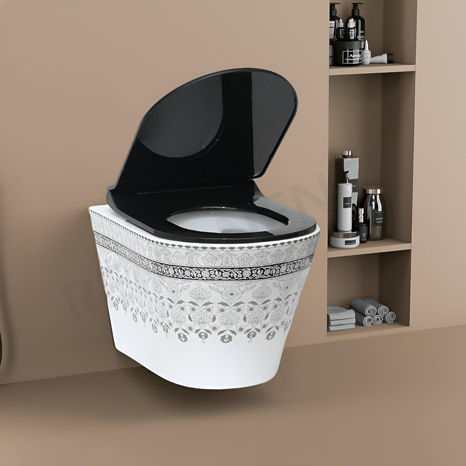 REMANENCE Ceramic Moroccan Design Wall Mount Commode with Soft Close Seat Cover (51.8 x 37 x 36 cm)-LWH06