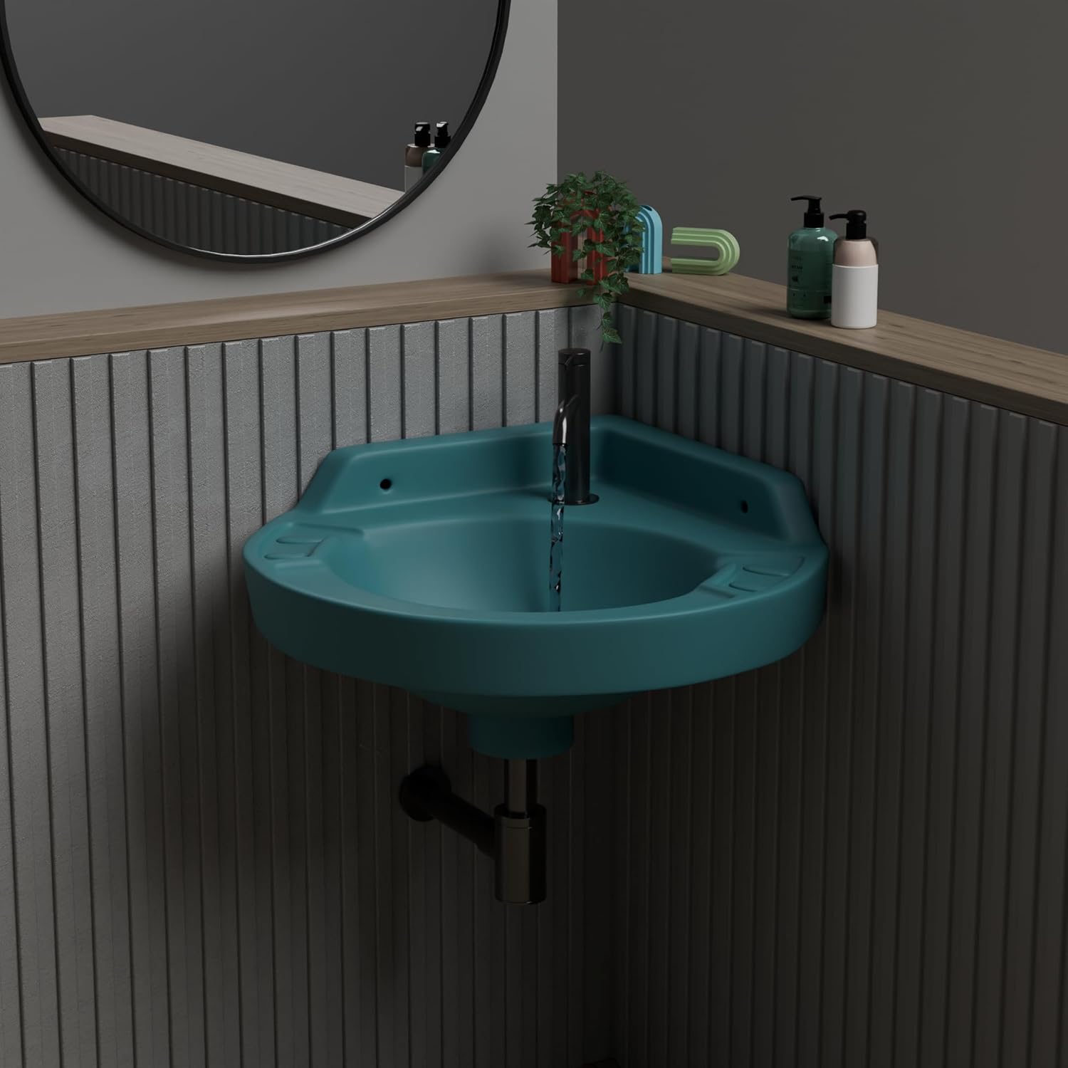 REMANENCE Ceramic Wall Mounted Corner Wash Basin For Compact Bathroom, Restaurant and Cafés, Powder Rooms (17 x 15 x 7.5 Inch) (Black)