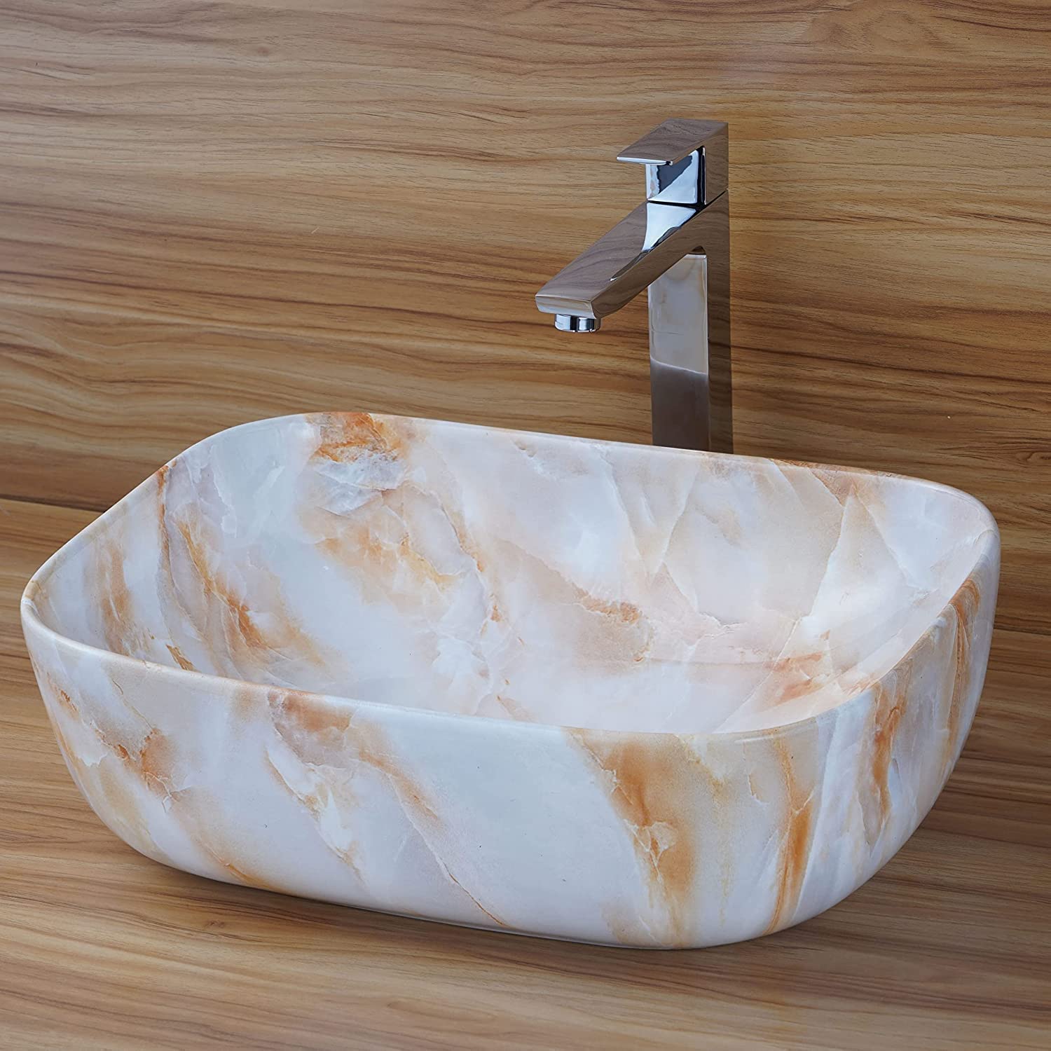 REMANENCE Designer Premium Table Top Wash Basin for Designer Showrooms, Fine-Dining Establishments, Upscale Hospitality Venues (18 x 13 x 5.5 Inch) (White-Cream Strip)