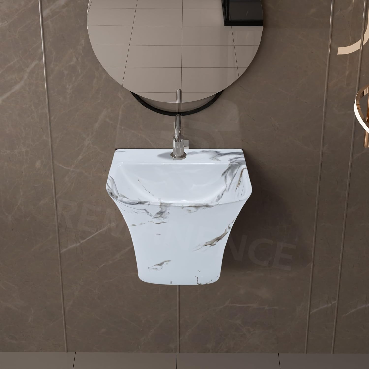 REMANENCE-RION Designer Wall Mount Half Pedestal Wash Basin for Bathroom, Restaurant, Hotels (Marble Grey)