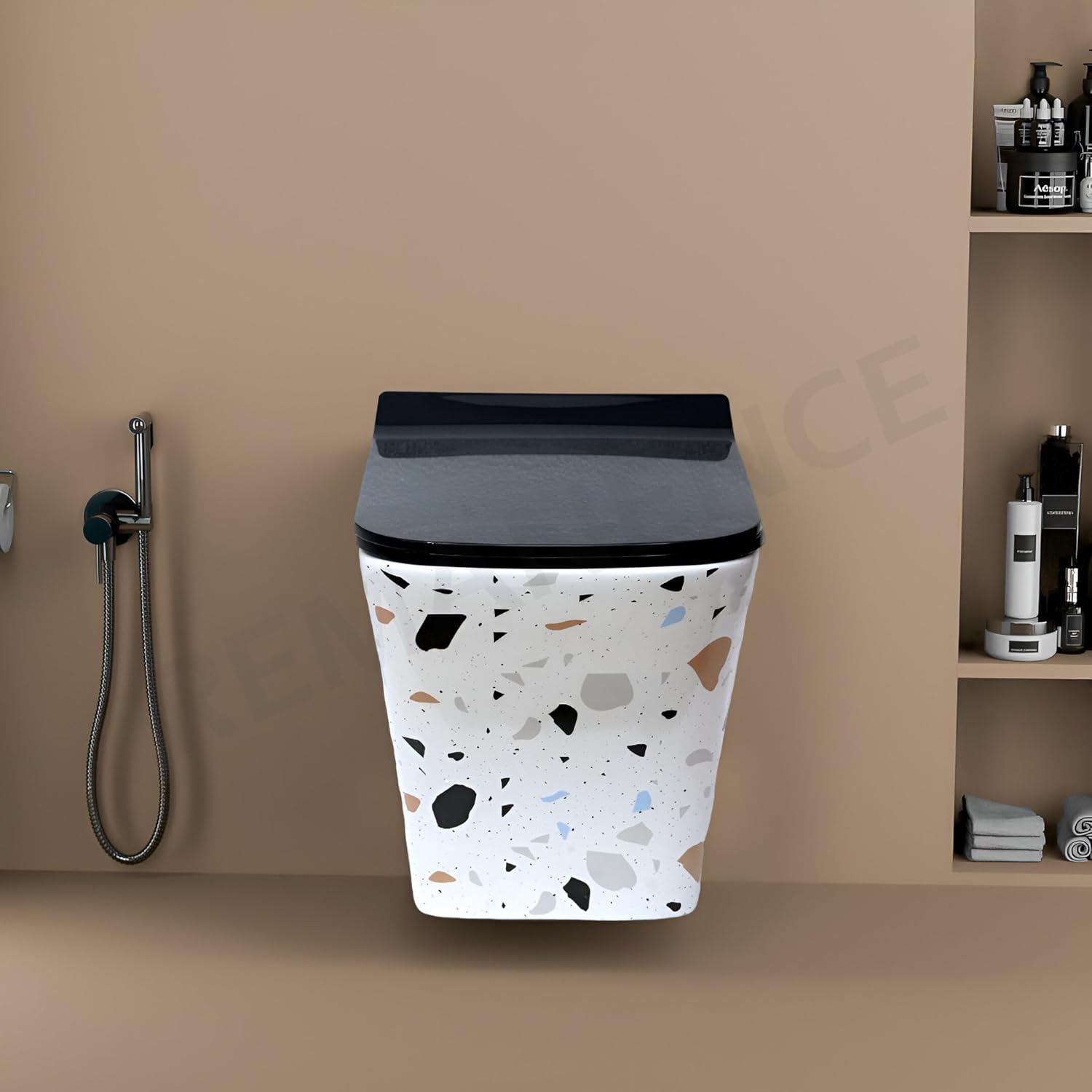 REMANENCE Ceramic Moroccan Design Wall Mount Commode with Soft Close Seat Cover (51D x 35.5W x 33.5H Centimeters)-RWH02