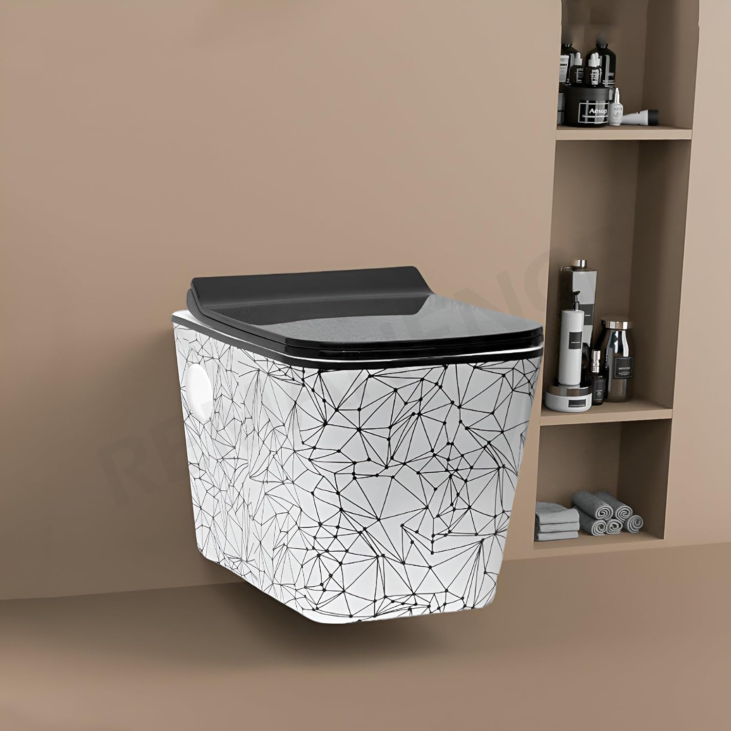 REMANENCE Ceramic Moroccan Design Wall Mount Commode with Soft Close Seat Cover (51D x 35.5W x 33.5H Centimeters)-RWH03