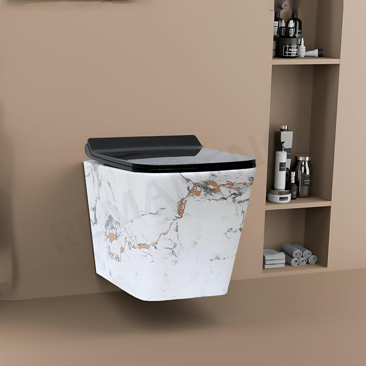 REMANENCE Ceramic Moroccan Design Wall Mount Commode with Soft Close Seat Cover (51 x 35 x 48 Centimeters)-IWH02