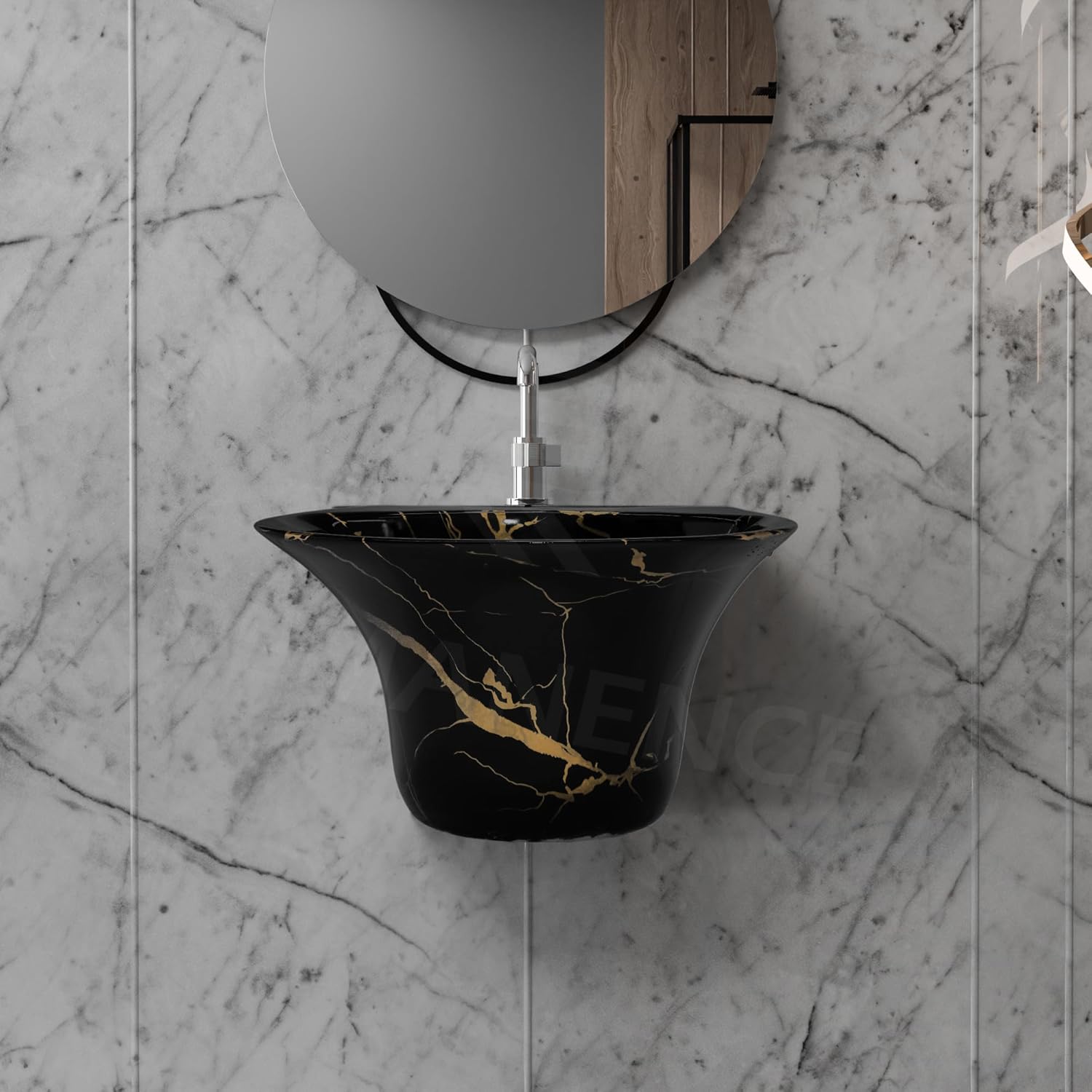 REMANENCE-RICH Luxury Wall Mount Half Pedestal Wash Basin for Bathroom (Black Gold Jelly)
