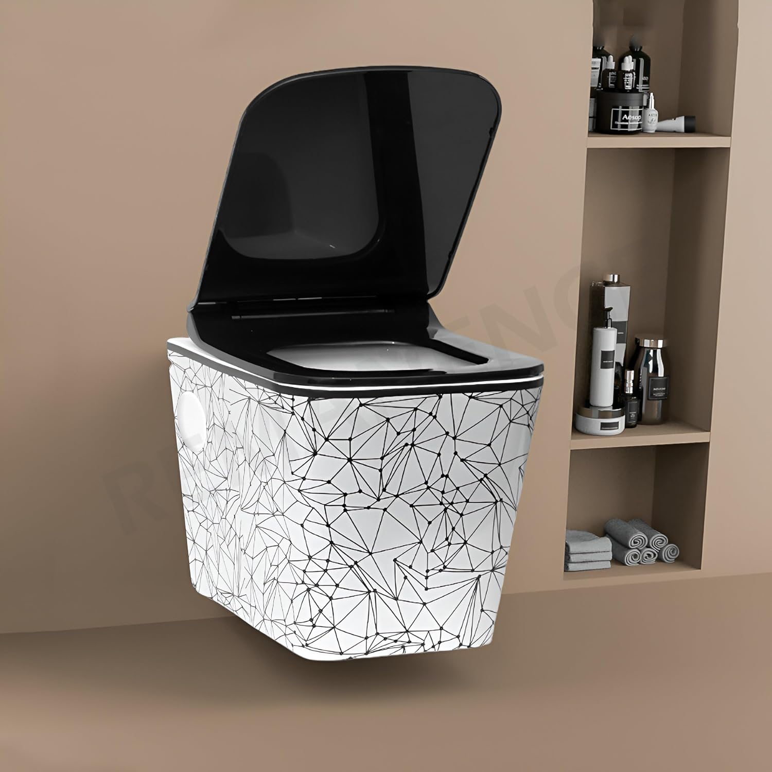 REMANENCE Ceramic Moroccan Design Wall Mount Commode with Soft Close Seat Cover (51D x 35.5W x 33.5H Centimeters)-RWH03