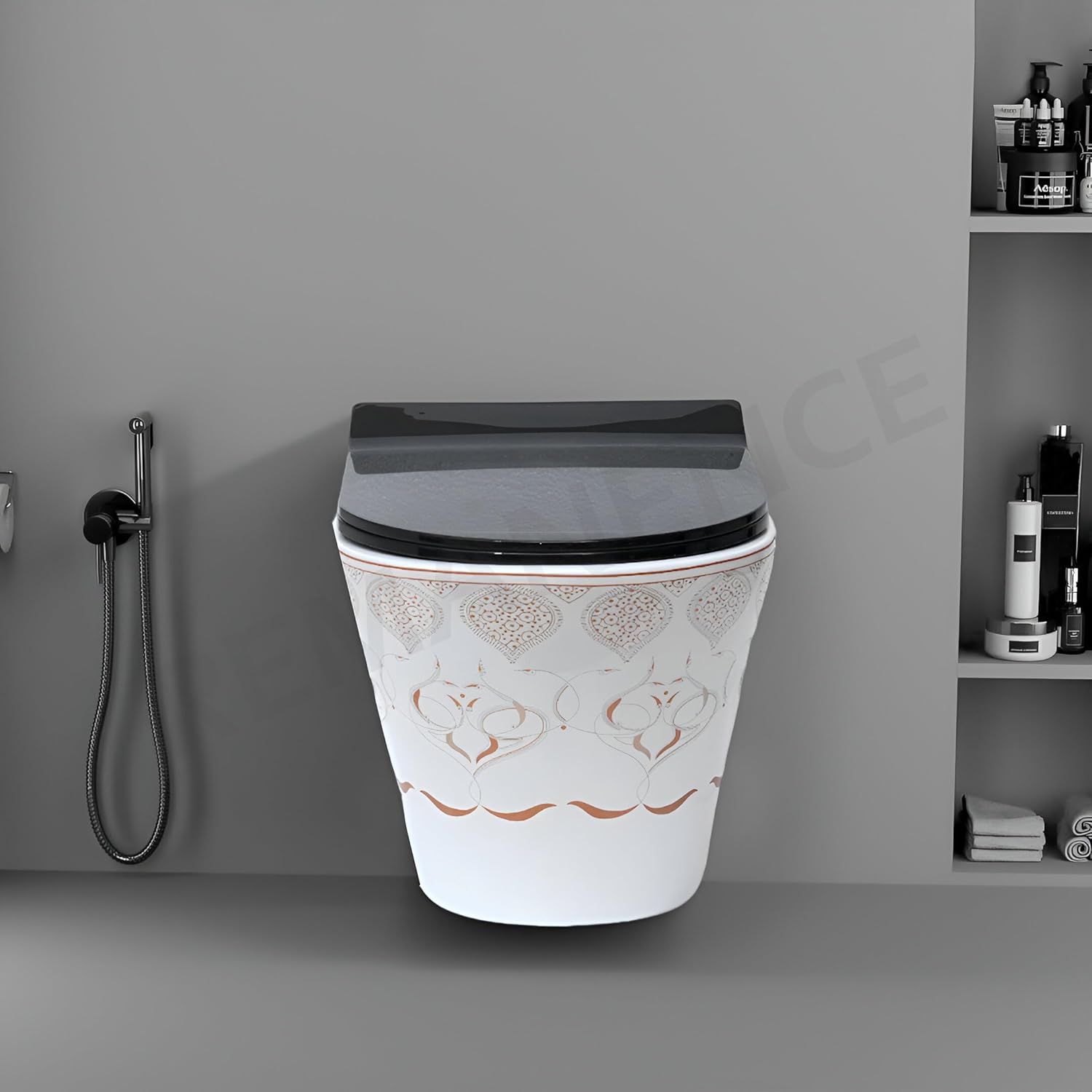 REMANENCE Ceramic Moroccan Design Wall Mount Commode with Soft Close Seat Cover (51.8 x 37 x 36 Centimeters)-LWH07