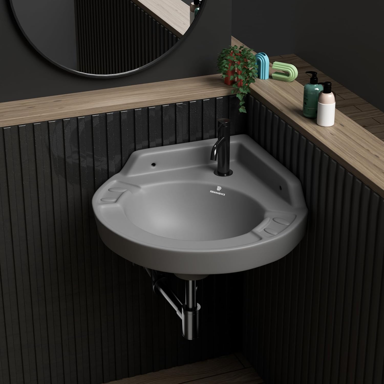 REMANENCE Ceramic Wall Mounted Corner Wash Basin For Compact Bathroom, Restaurant and Cafés, Powder Rooms (17 x 15 x 7.5 Inch) (Black)