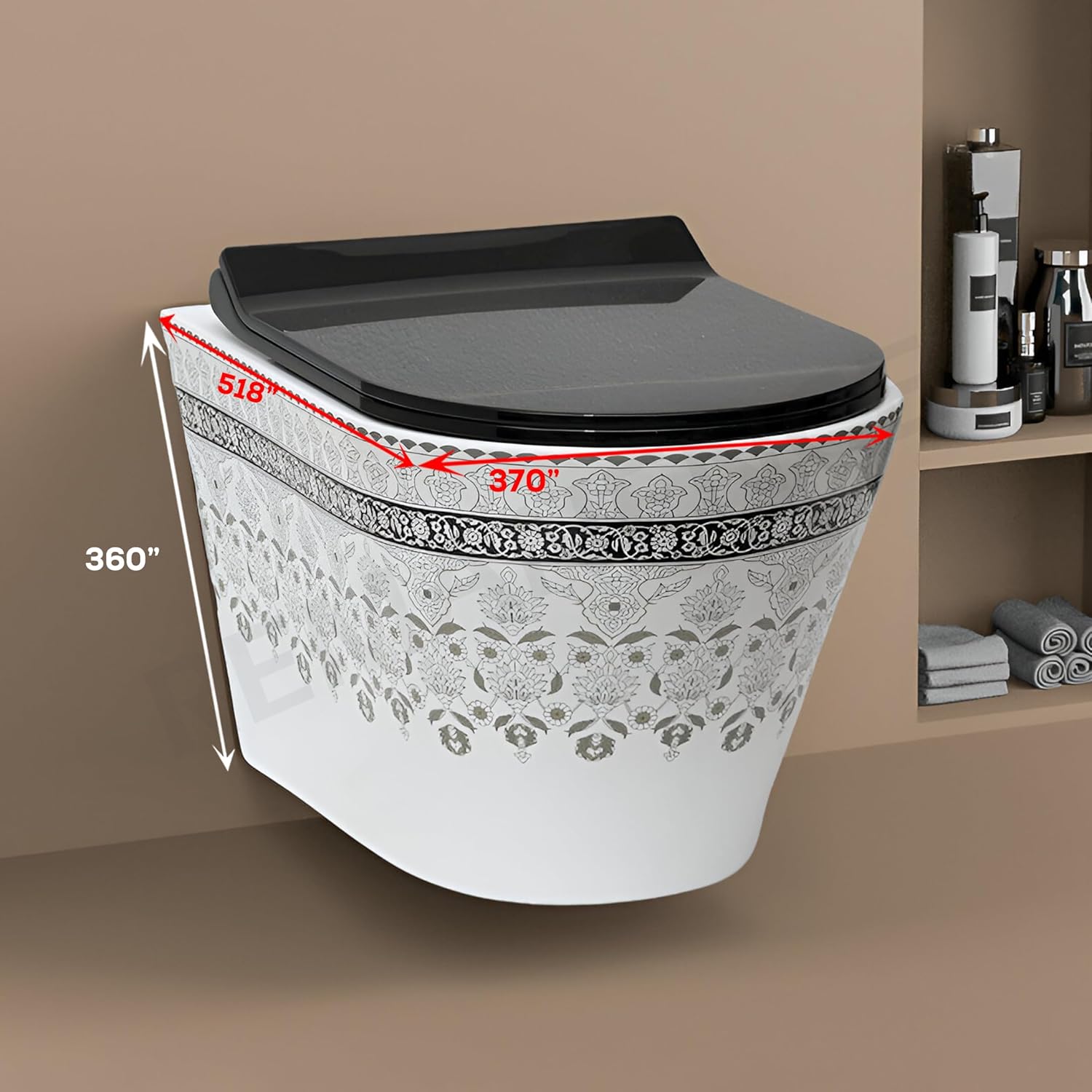 REMANENCE Ceramic Moroccan Design Wall Mount Commode with Soft Close Seat Cover (51.8 x 37 x 36 cm)-LWH06