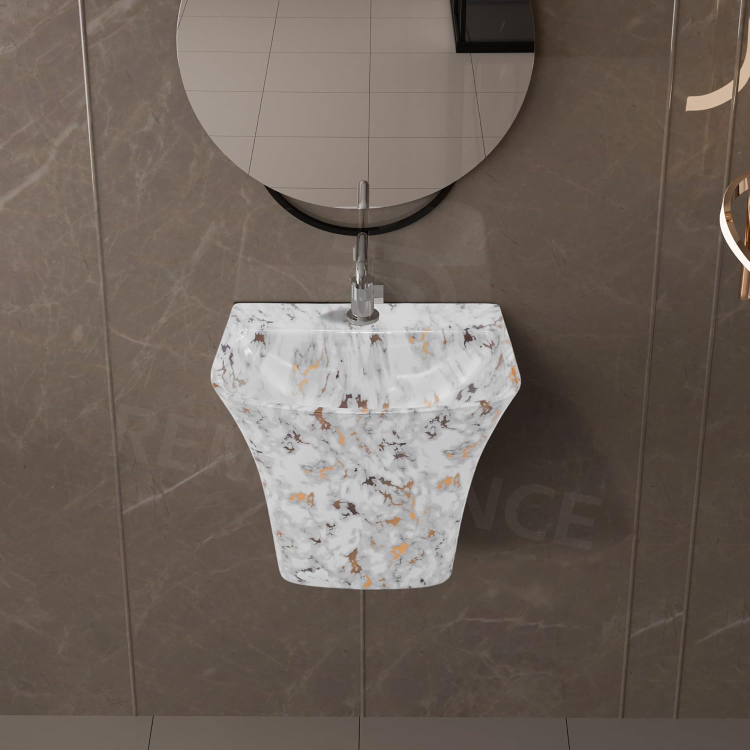 REMANENCE-RION Designer Wall Mount Half Pedestal Wash Basin for Bathroom, Restaurant, Hotels (White Gold Spot)