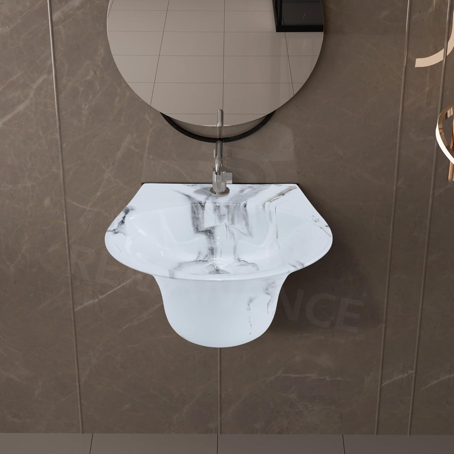 REMANENCE-RICH Luxury Wall Mount Half Pedestal Wash Basin for Bathroom (Marble Grey)