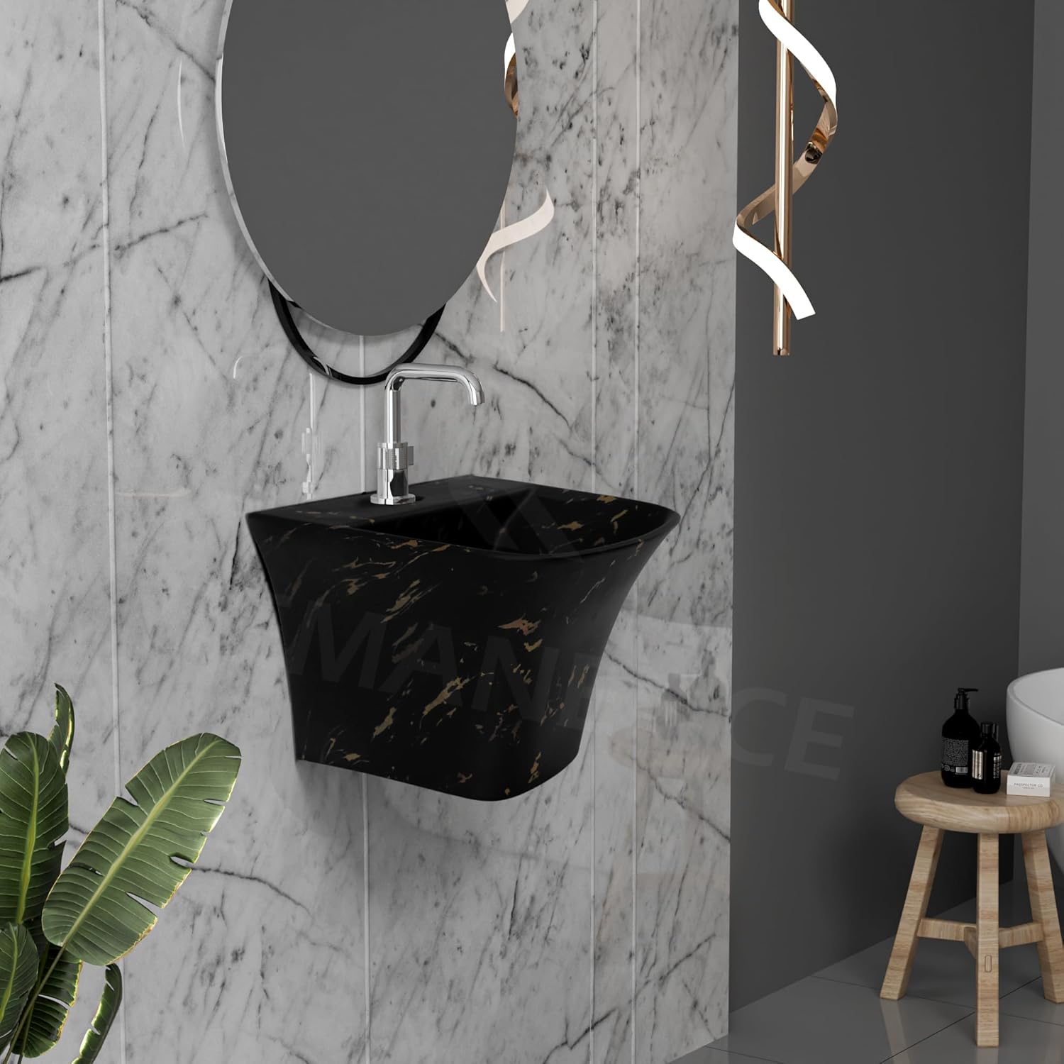 REMANENCE-RION Designer Wall Mount Half Pedestal Wash Basin for Bathroom, Restaurant, Hotels (Black Gold Spot)