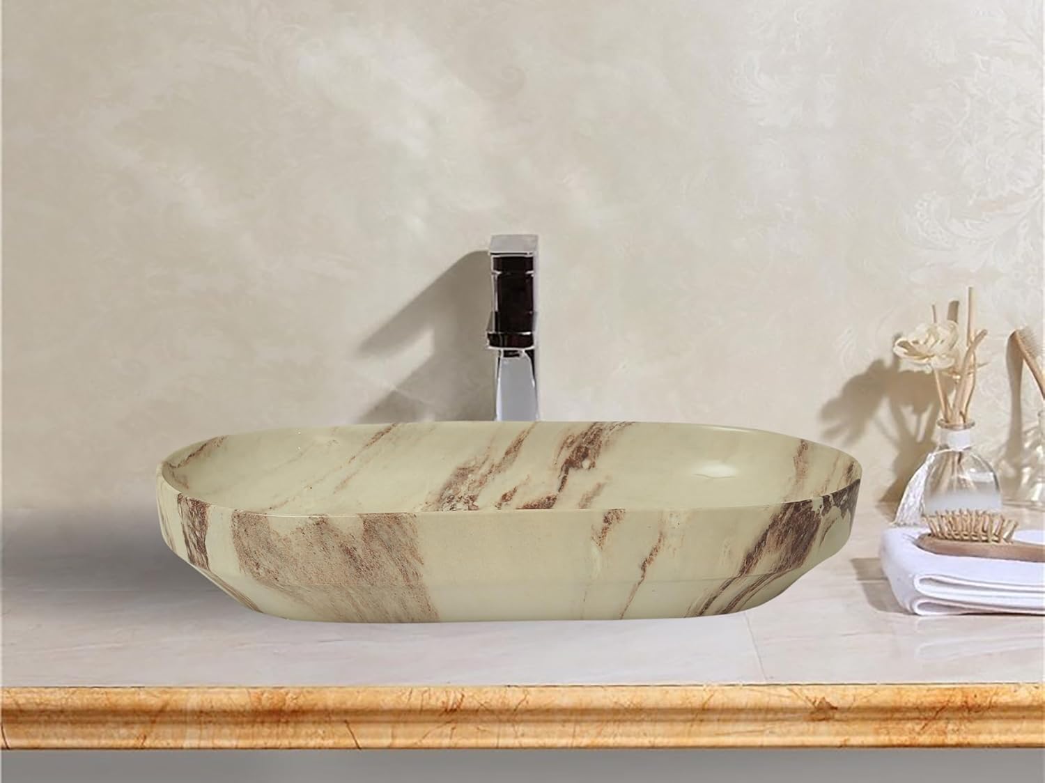 REMANENCE Premium Designer Countertop Wash Basin for Premium Restaurants & Cafés, Luxury Bathrooms, Boutique Hotels & Resorts (28 x 14 x 5.5 Inch) (Beige)