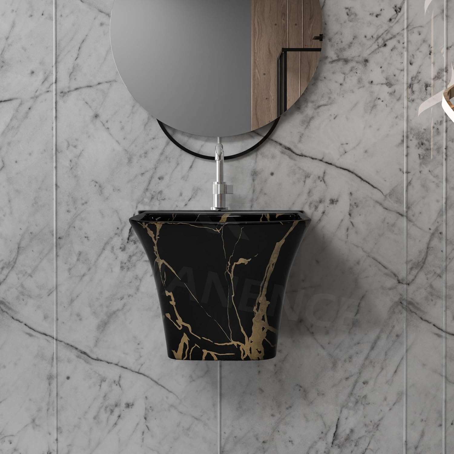 REMANENCE-RION Designer Wall Mount Half Pedestal Wash Basin for Bathroom, Restaurant, Hotels (Black Gold Jelly)