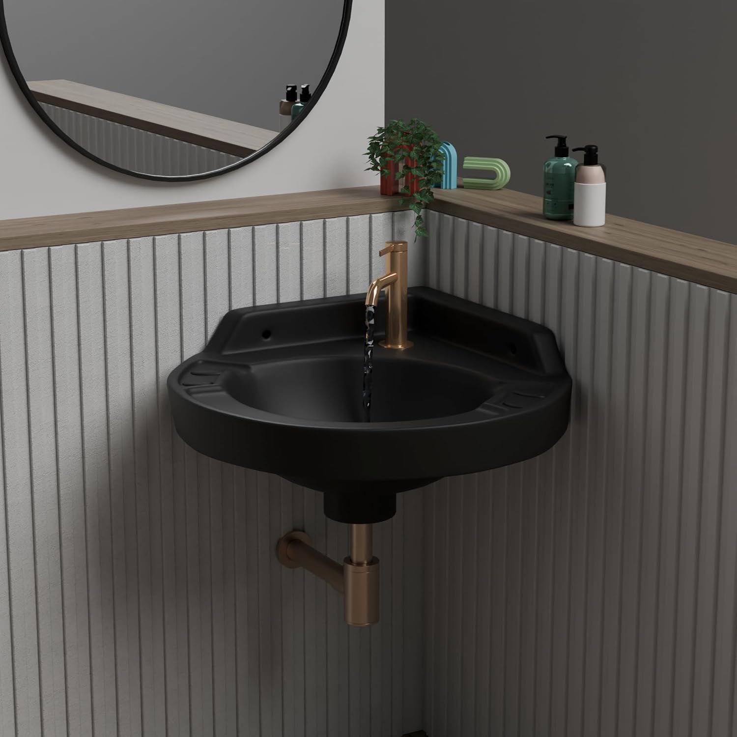 REMANENCE Ceramic Wall Mounted Corner Wash Basin For Compact Bathroom, Restaurant and Cafés, Powder Rooms (17 x 15 x 7.5 Inch) (Black)